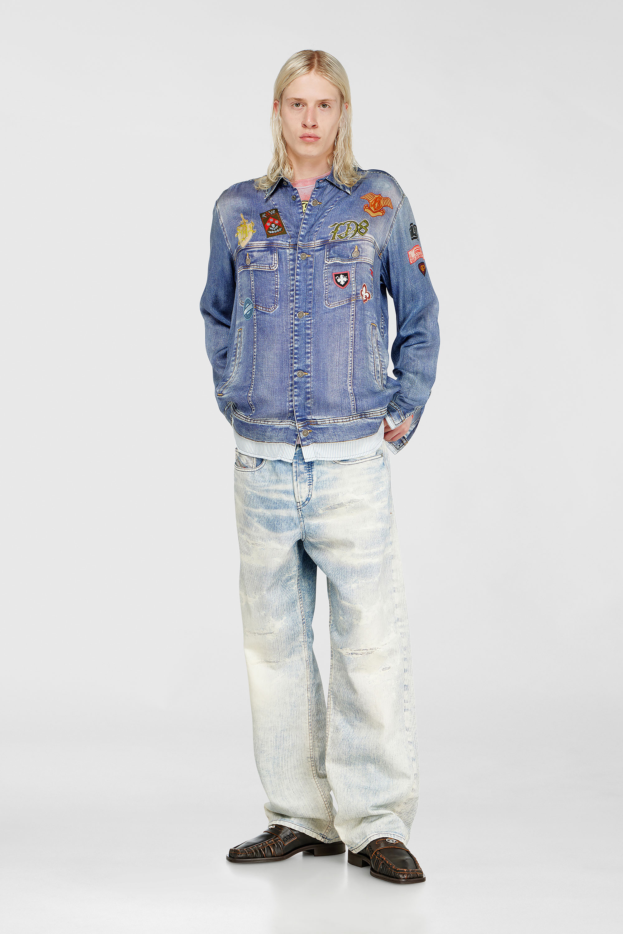 Diesel - S-SIMPLY-PATCH, Man's Satin shirt with trompe-l'oeil denim print in Medium blue - 2
