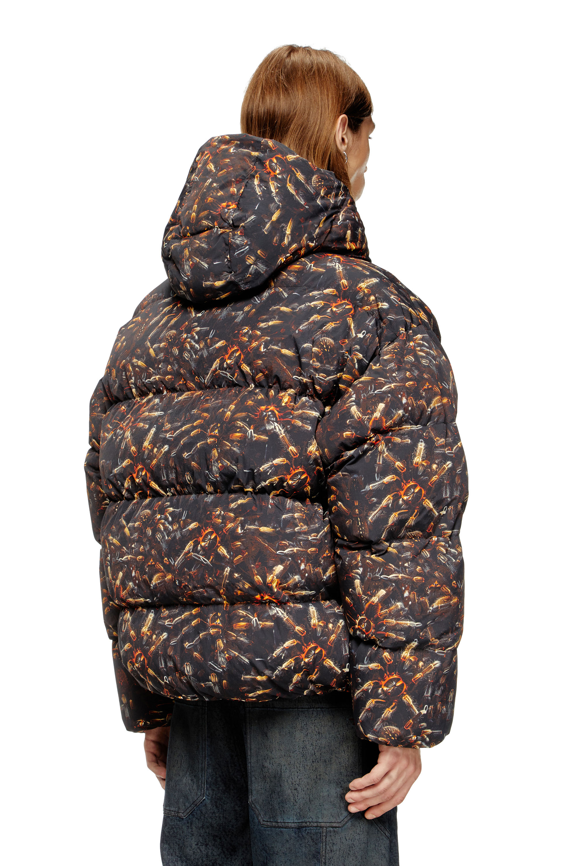 Diesel - W-SPIDER, Man's Hooded puffer jacket with spider print in Black/Brown - 4