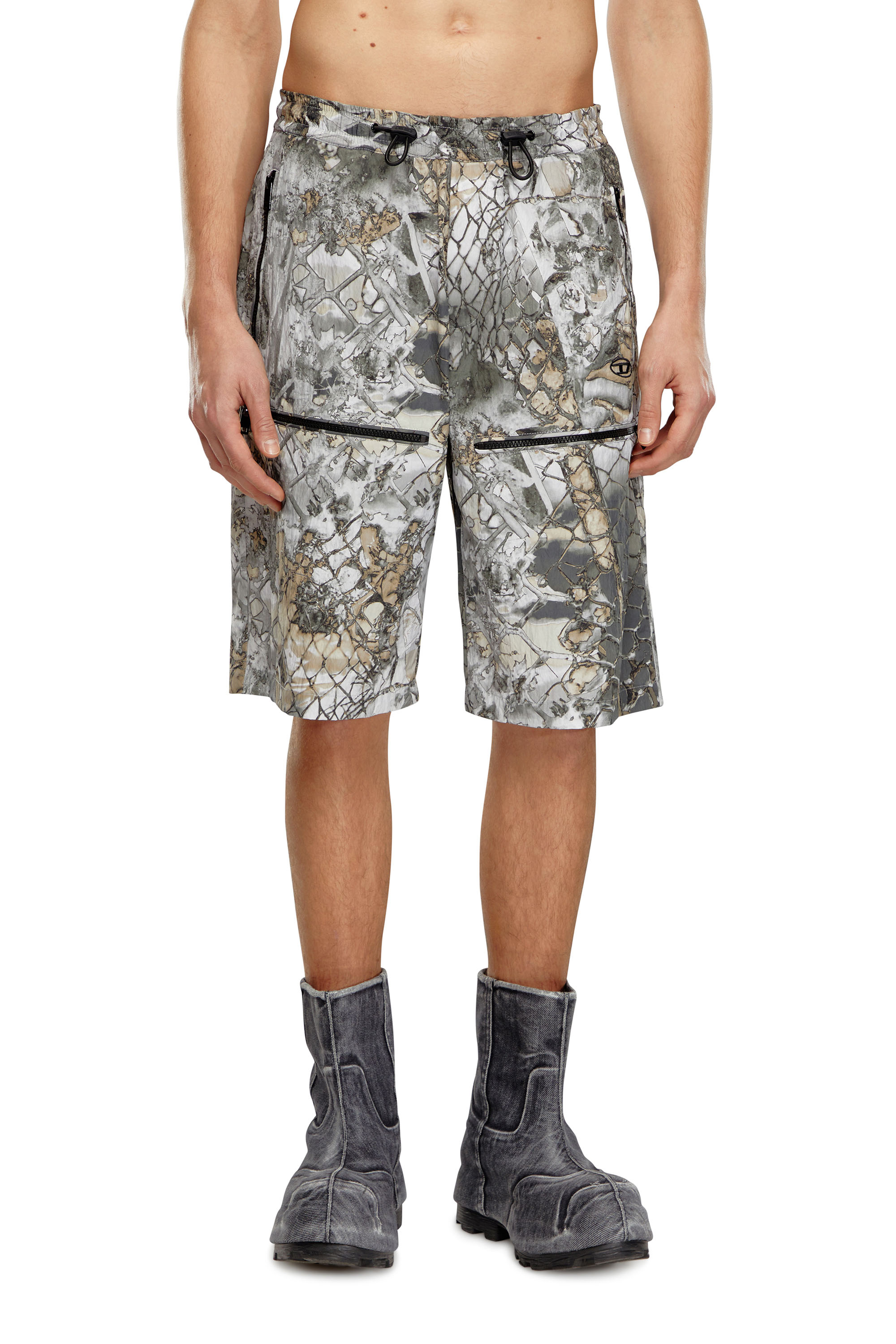 Diesel - P-MCKELL-SHORT-A, Man Nylon cargo shorts with abstract print in Grey - Image 1