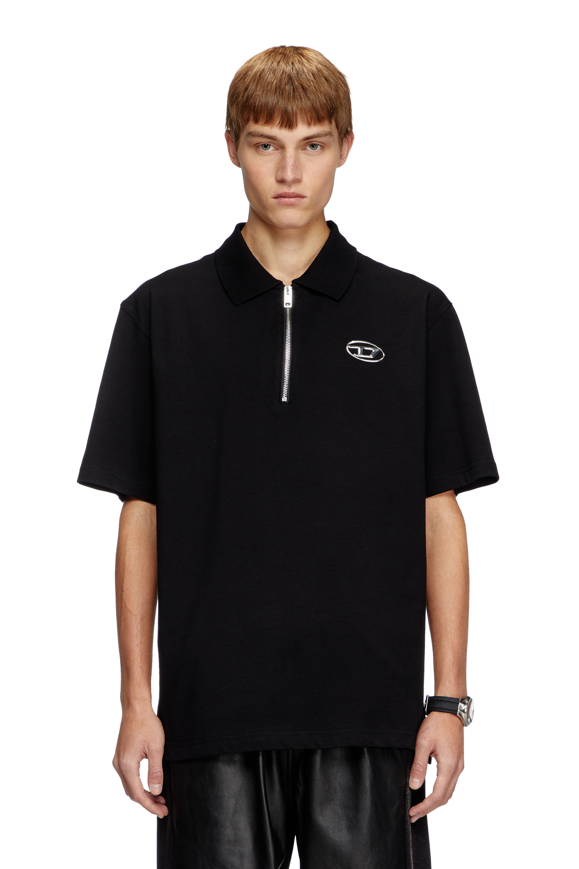 Diesel - T-VOR-OD, Man's Zip front polo shirt with laser cut Oval D in Black - 1