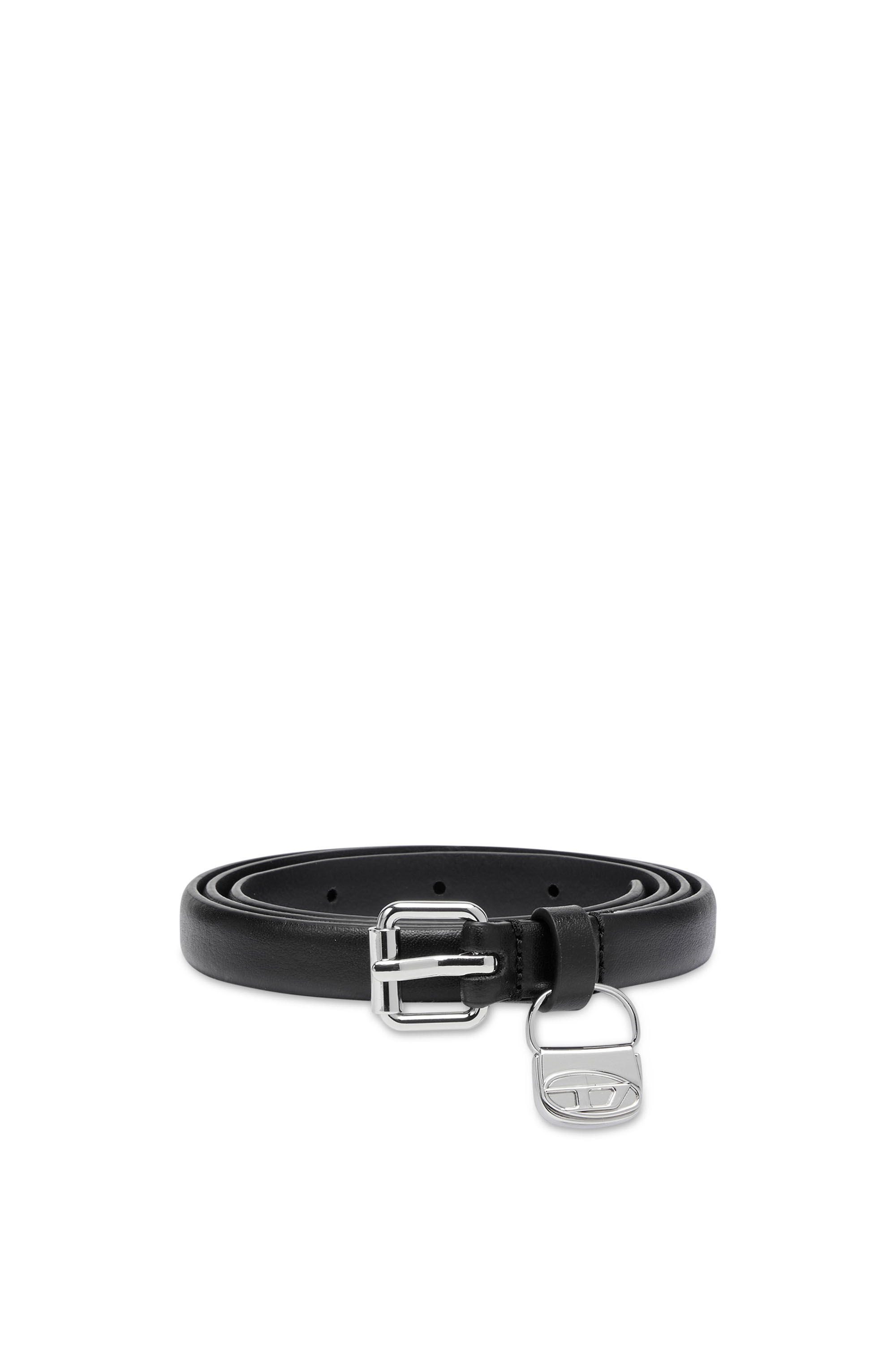 Diesel - B-CHARM HIP, Woman Slim leather belt with 1DR bag charm in Black - Image 1