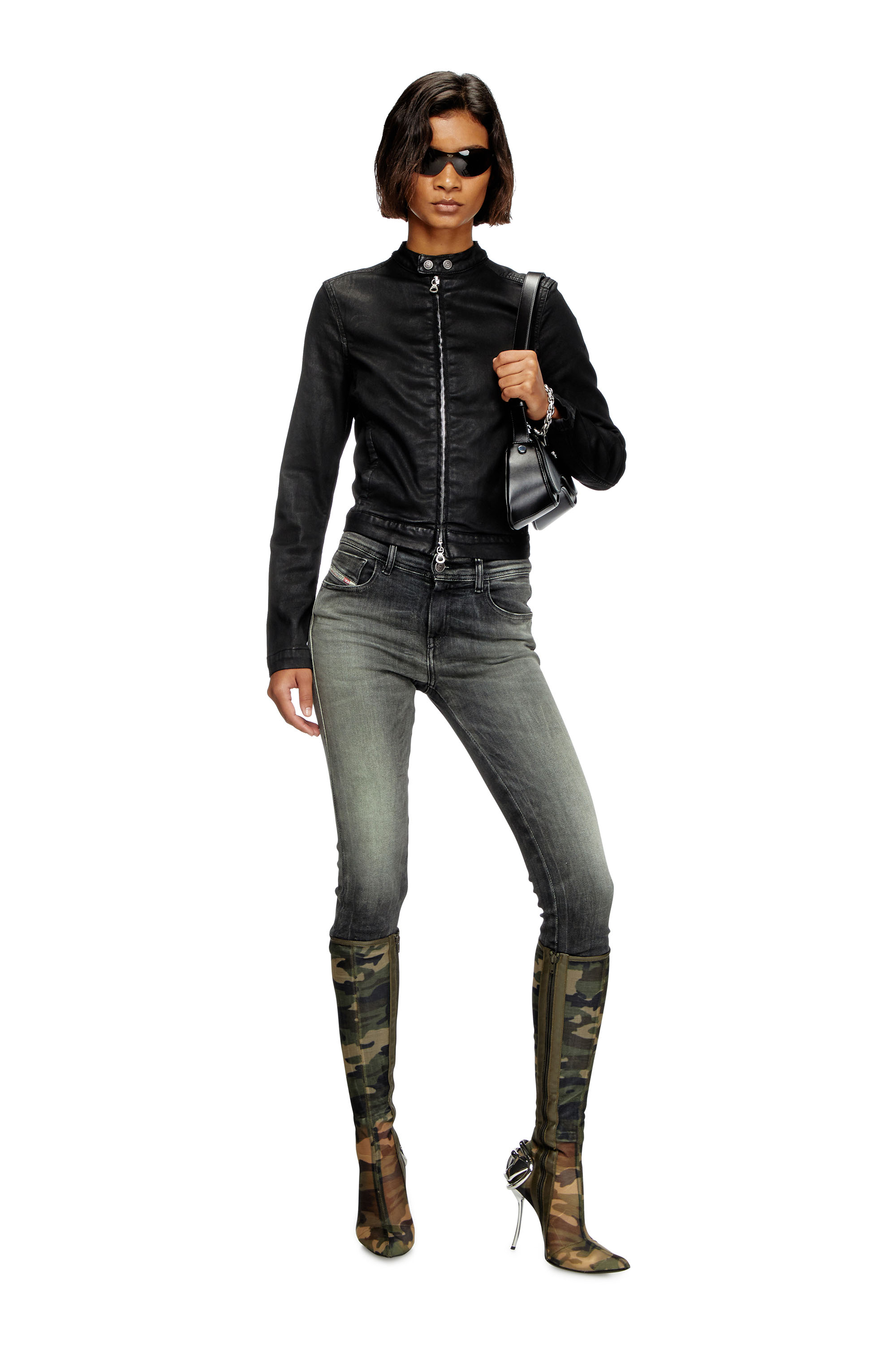 Diesel - DE-MORNIN JOGG, Woman's Moto jacket in coated denim in Black - 1