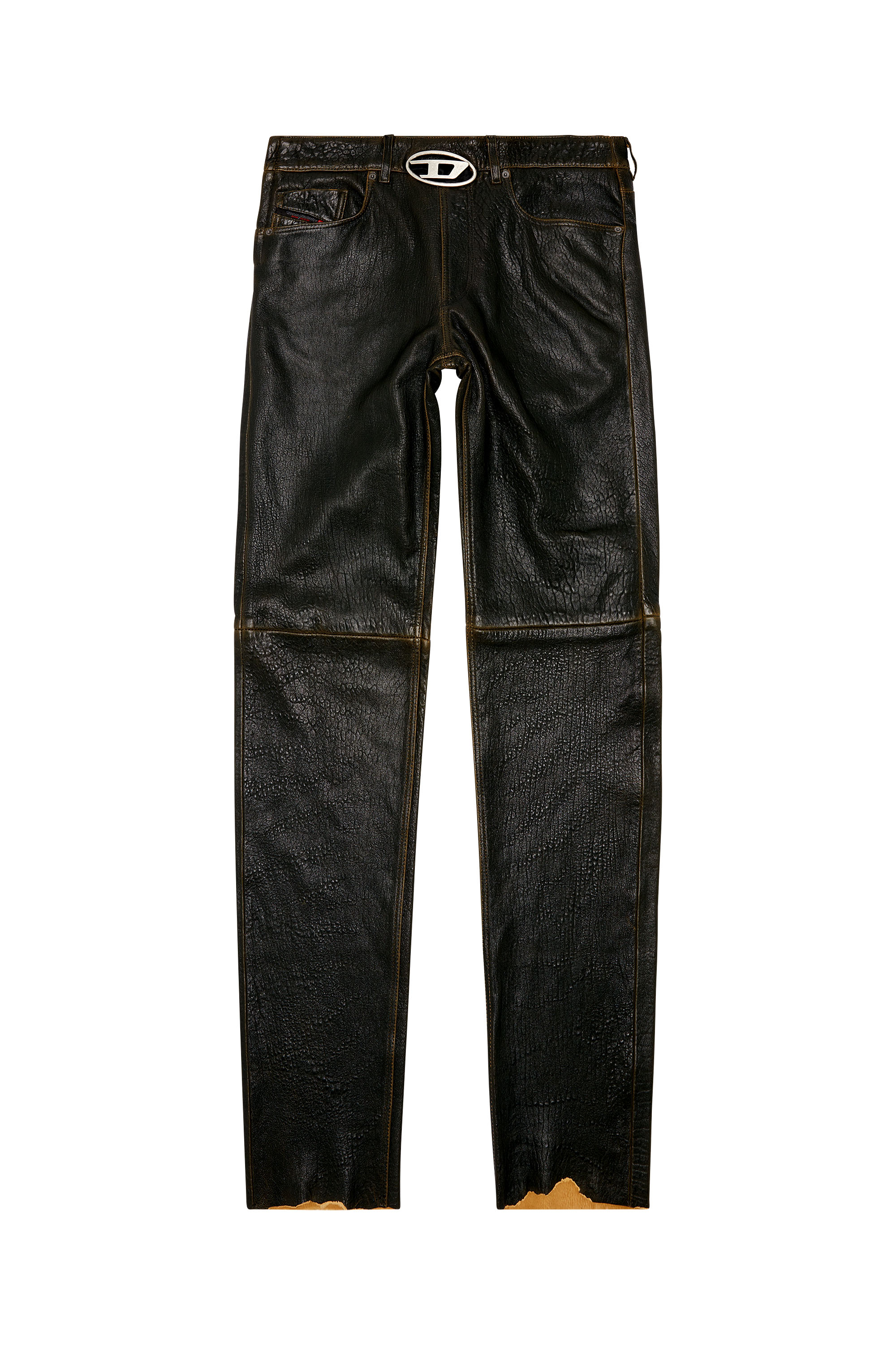 Diesel - P-KOOMAN, Man Textured leather pants with logo cut-out in Brown - Image 3