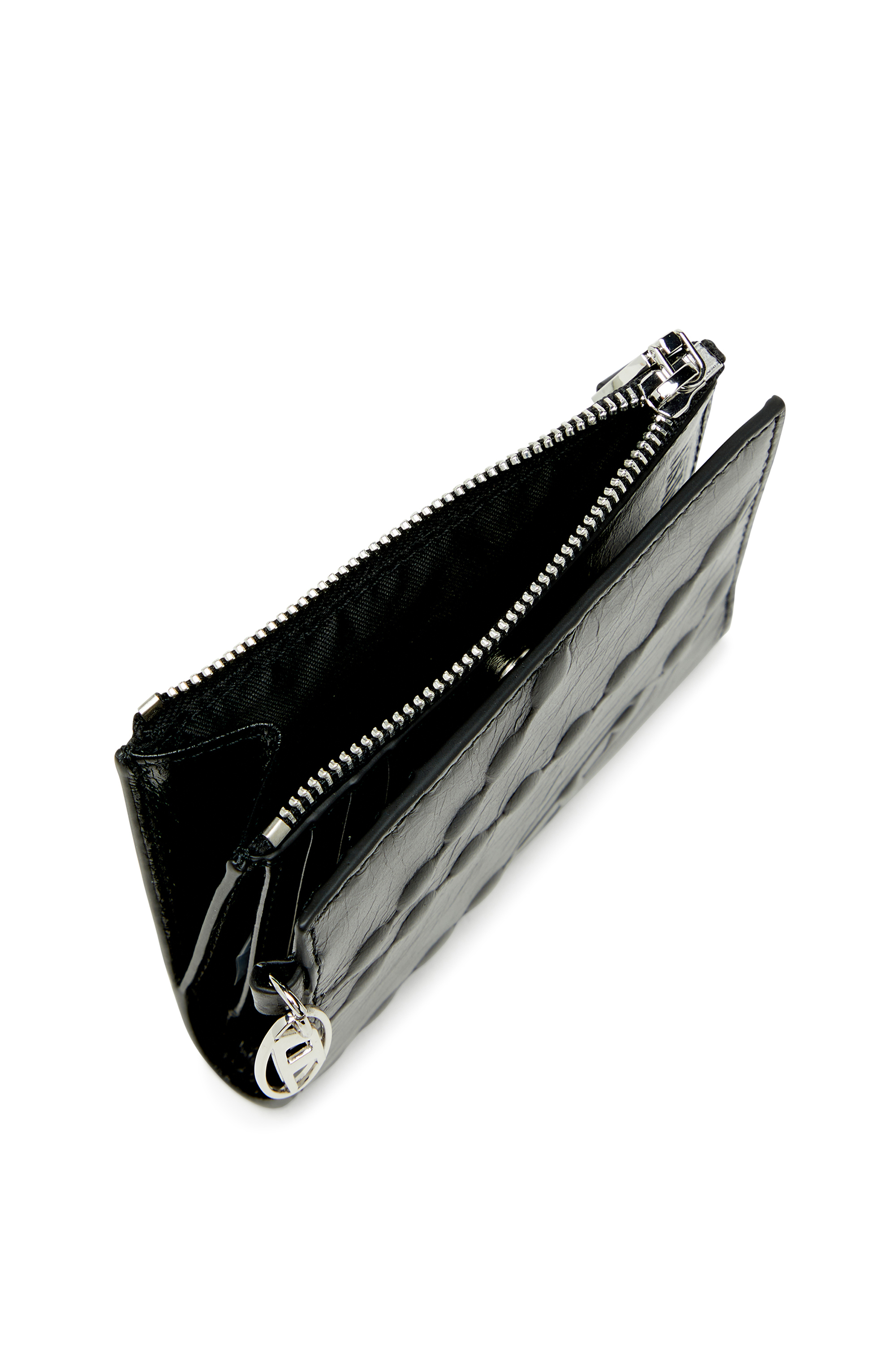 Diesel - OVAL-D BI FOLD ZIP II, Woman's Leather bi-fold wallet with embossed chain motif in Black - 4