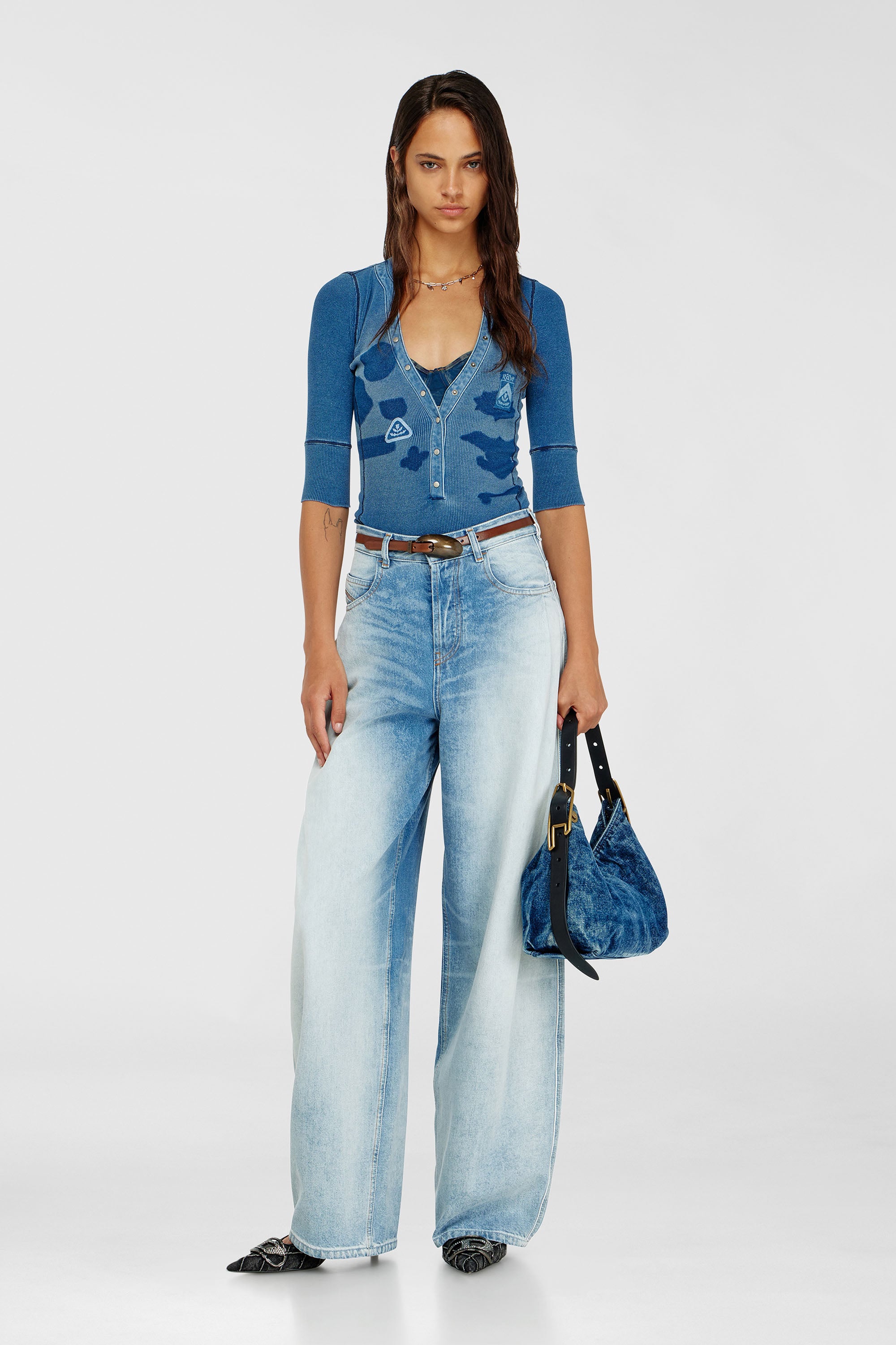 Diesel - T-EREME, Woman's Henley top with shadow-patch effects in Medium blue - 2