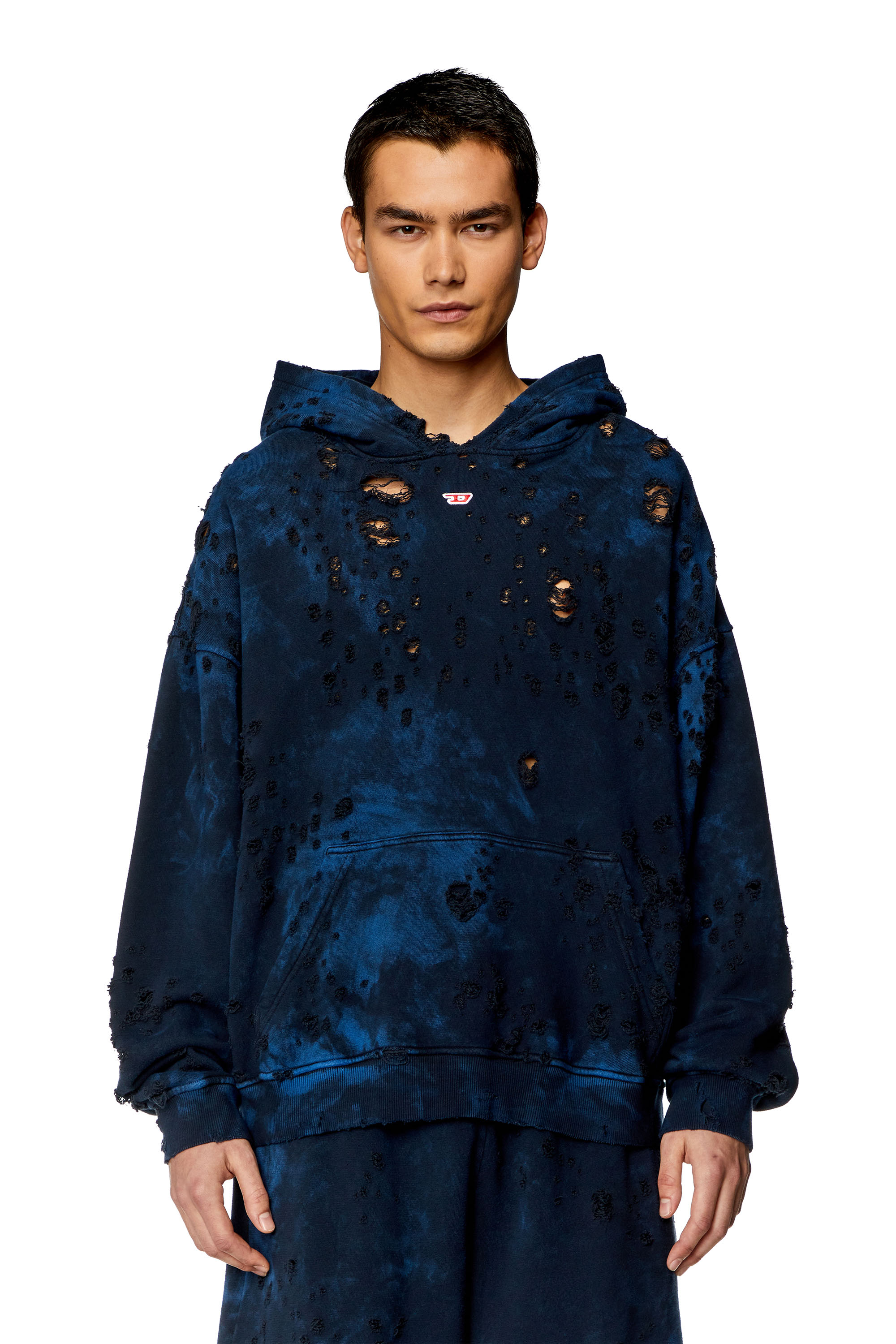 Diesel - S-BOXT-HOOD-N9, Man Destroyed hoodie with marble-effect in Blue - Image 1