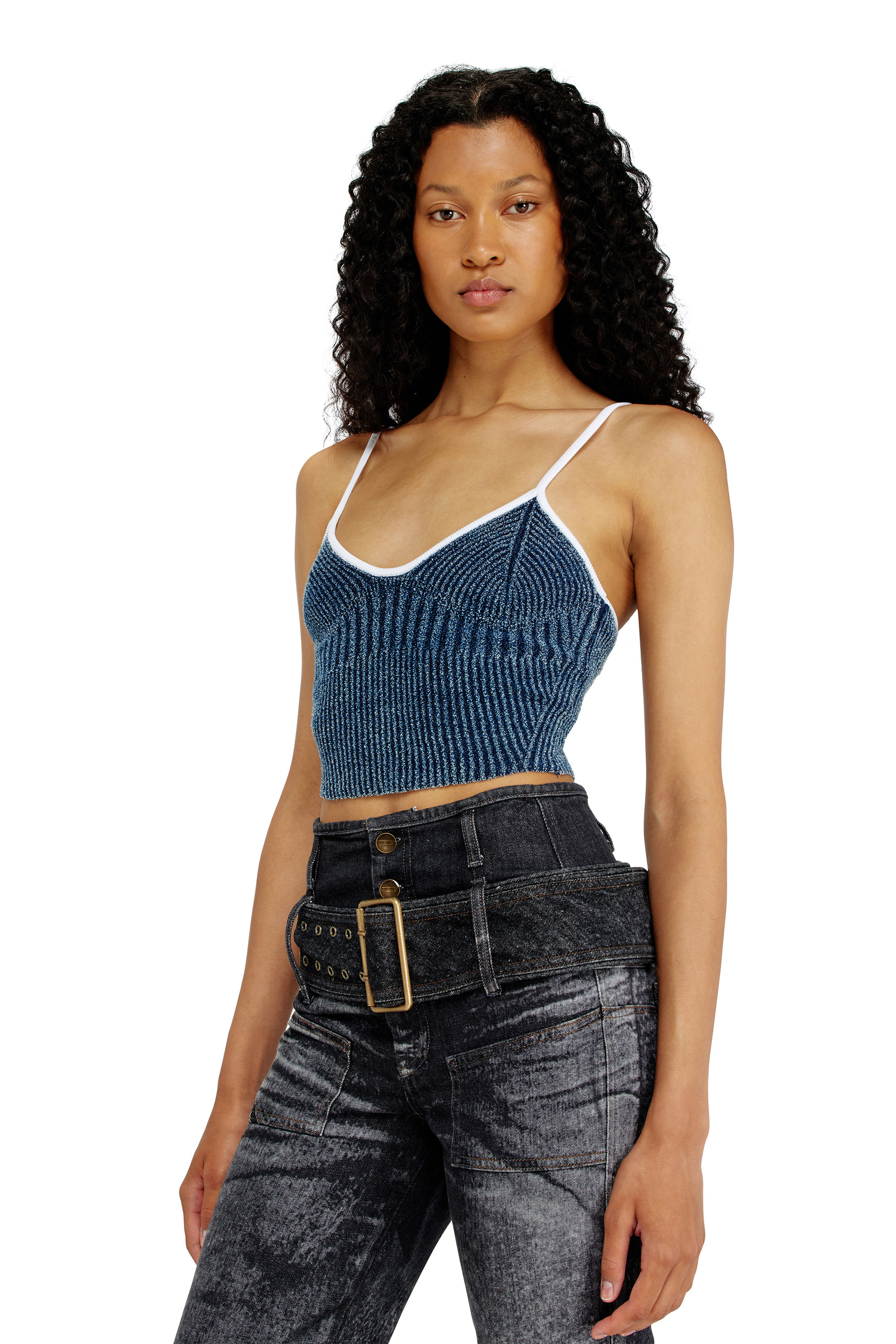 Diesel - M-ESTERE, Woman's Crop top in indigo boucl&eacute; ribbed knit in Blue/White - 5