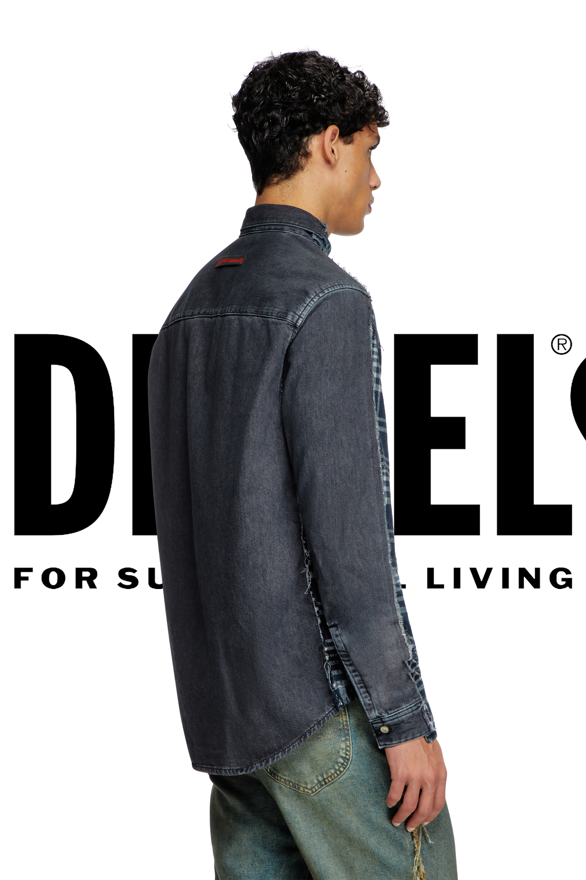 Diesel - Shirt Dieseloves 6B, Unisex's Overdyed check and denim shirt in Blue/Black - 4