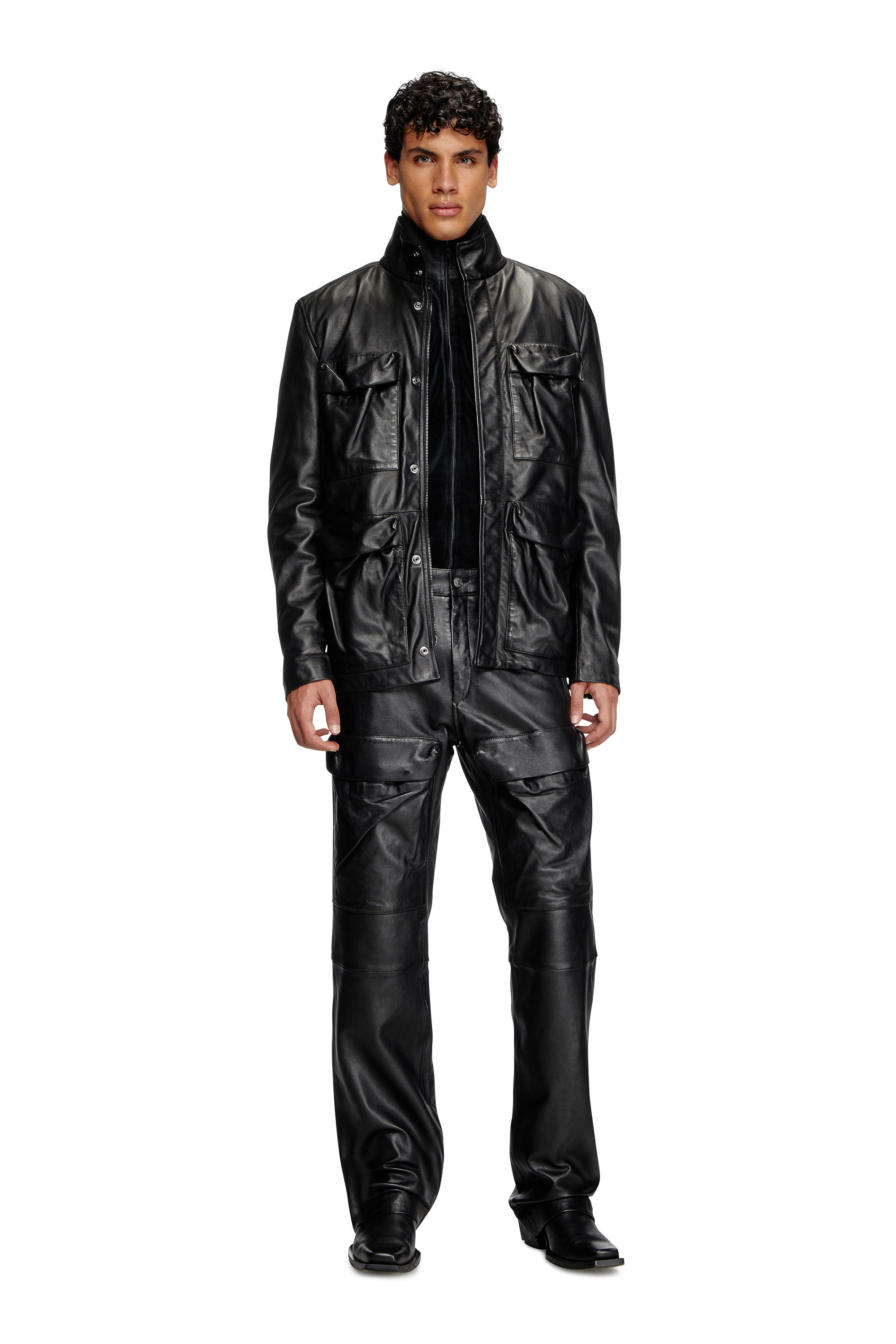 Diesel - P-GAST, Man's Leather pants with utility pockets in Black - 1