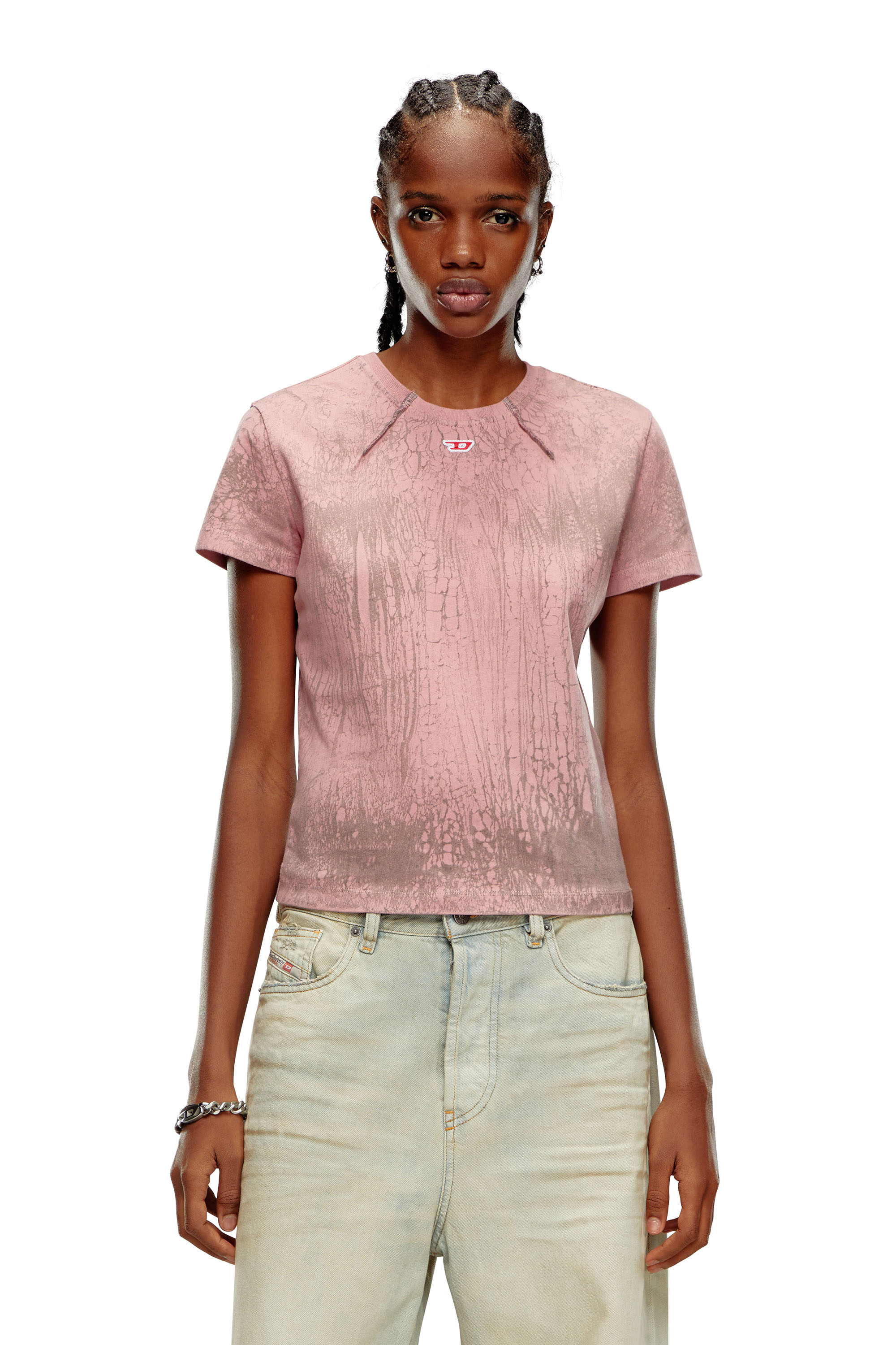 Diesel - T-UNCUTIE-LONG-N11, Woman Marbled jersey T-shirt with D patch in Pink - Image 1