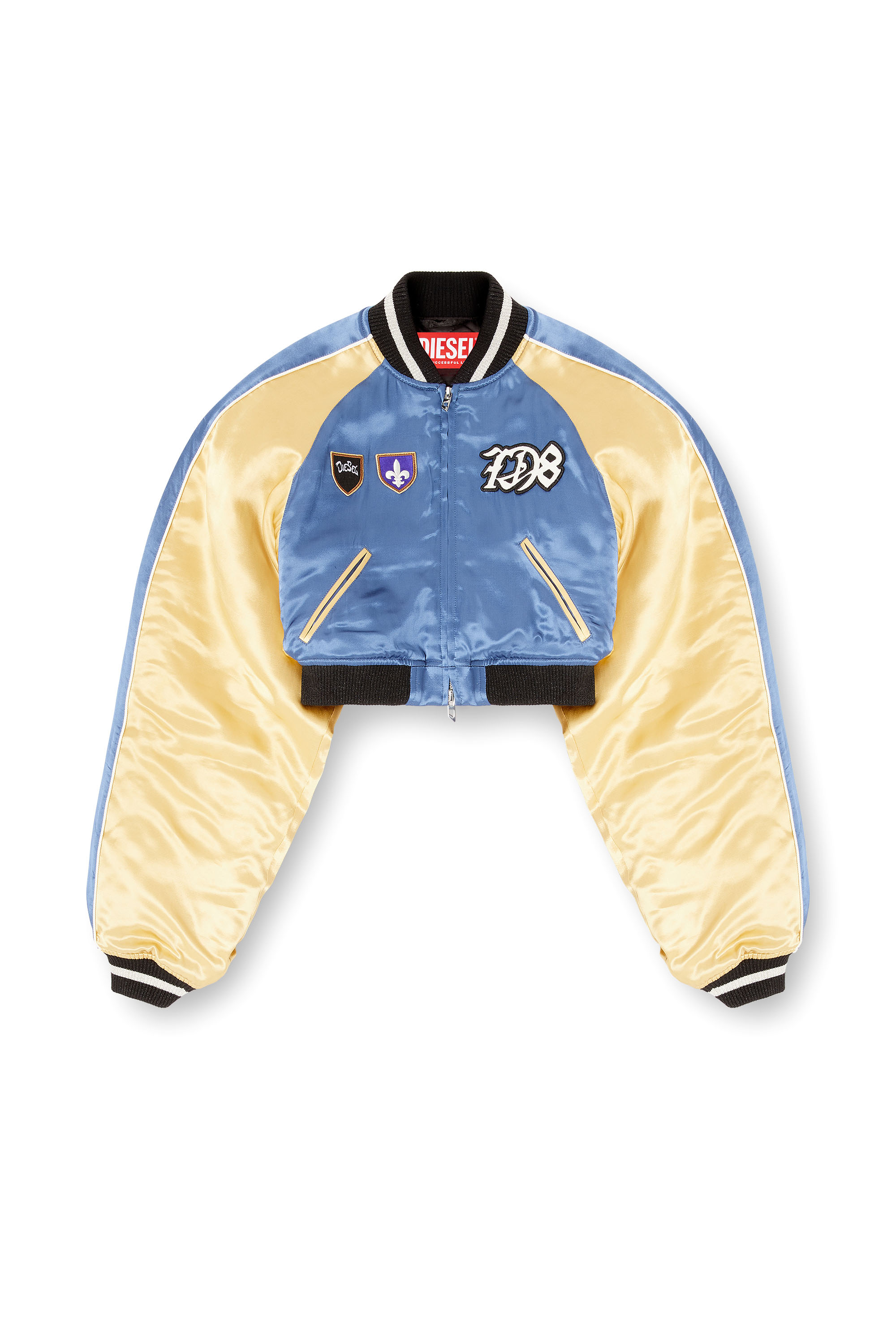 Diesel - G-OSPEL-CP, Woman's Cropped satin souvenir jacket in Blue/Yellow - 3