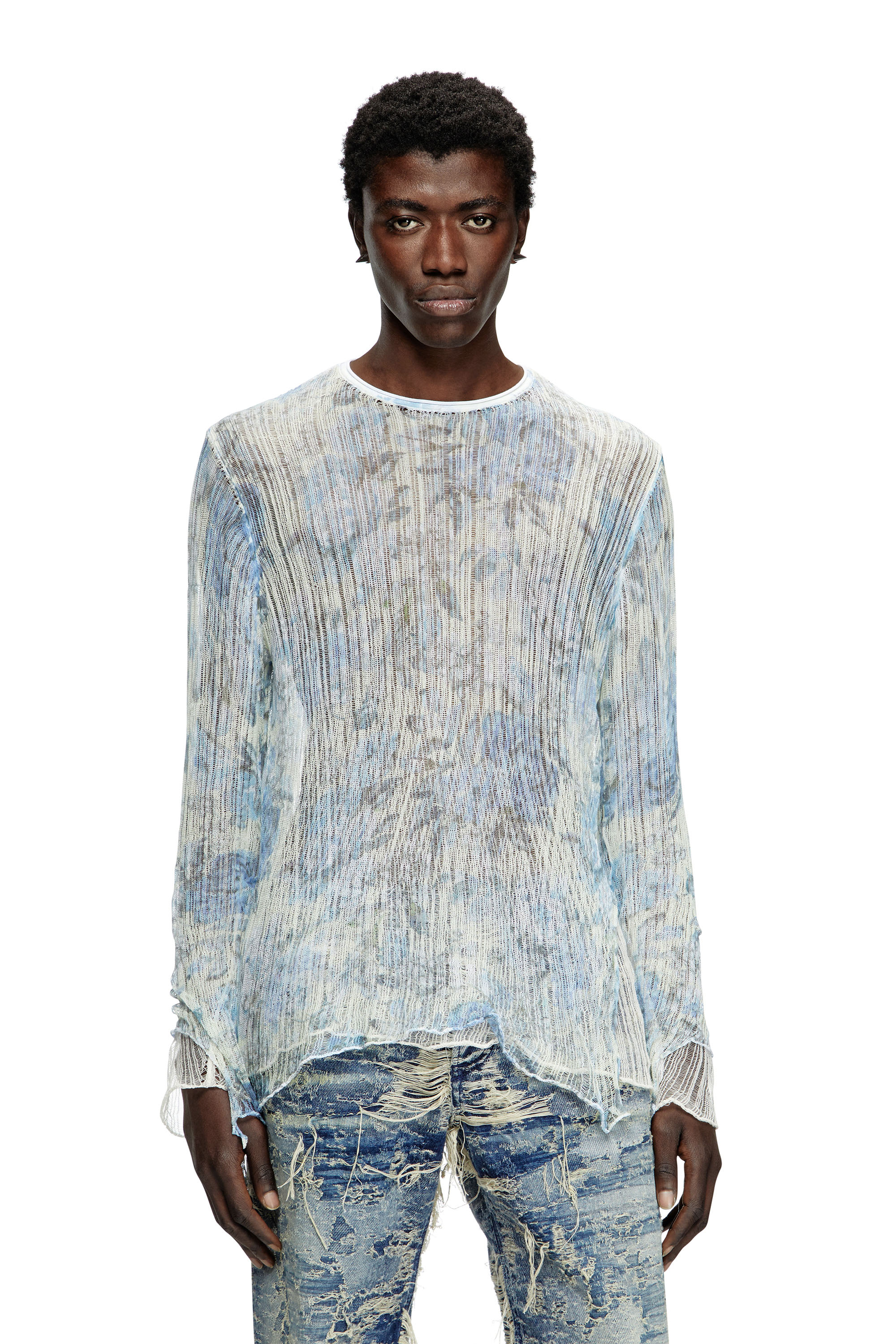 Diesel - K-AASMOS-A, Unisex's Dishevelled knit jumper with floral print in Light Blue - 2