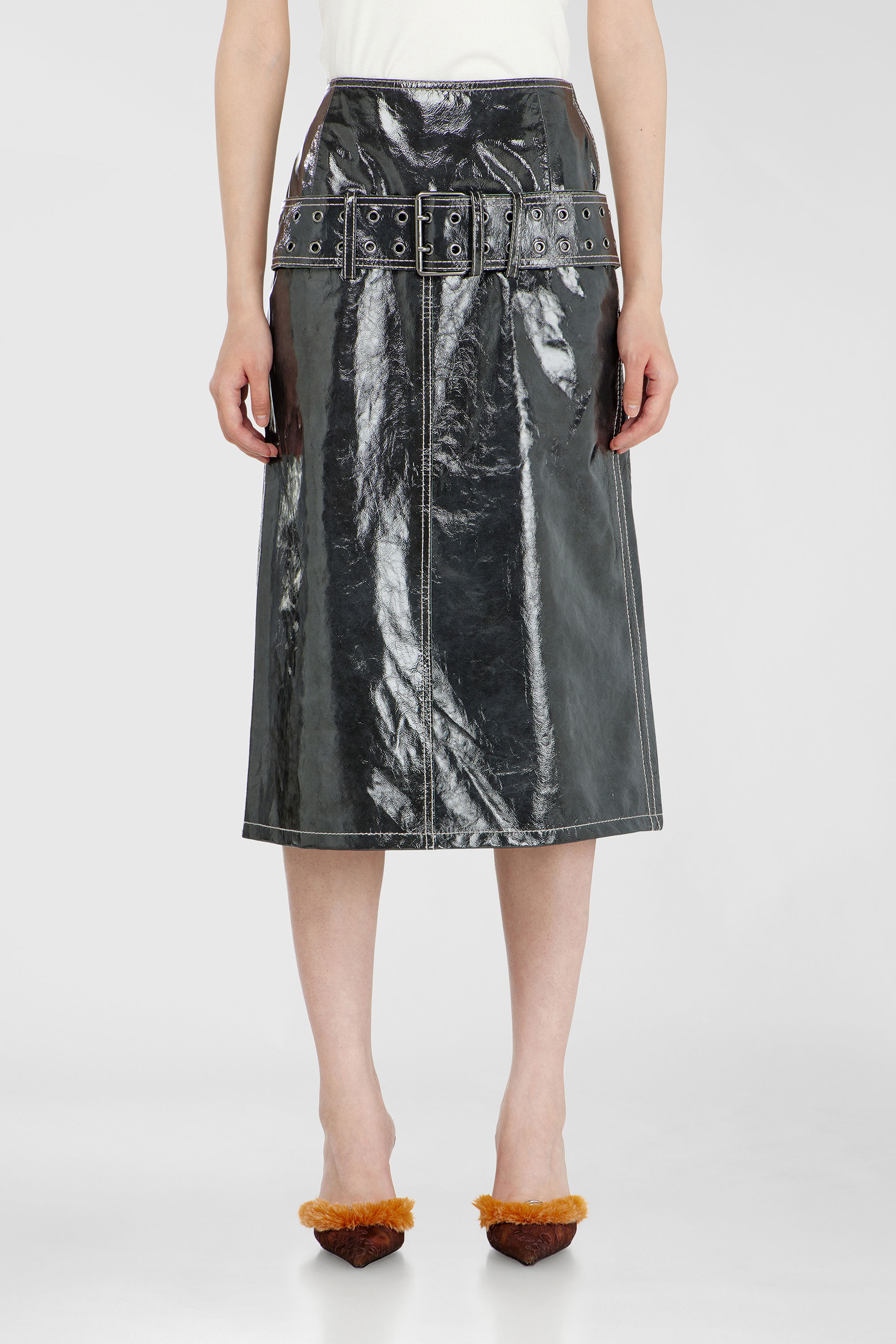 Diesel - L-ASCAR, Woman's Patent-leather midi skirt with belt in Dark grey - 1
