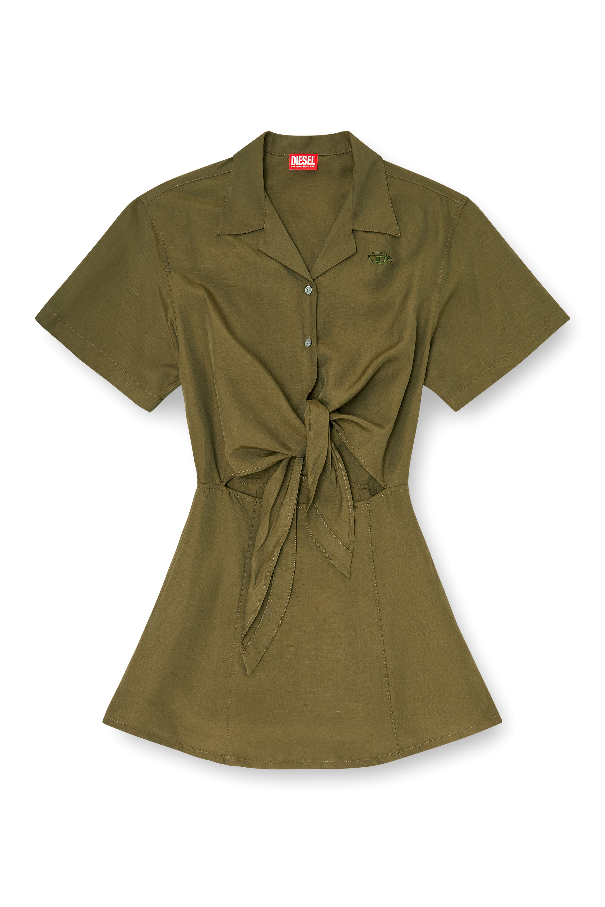 Diesel - D-STALL, Woman's Linen-blend mini dress with waist knot in Military Green - 1