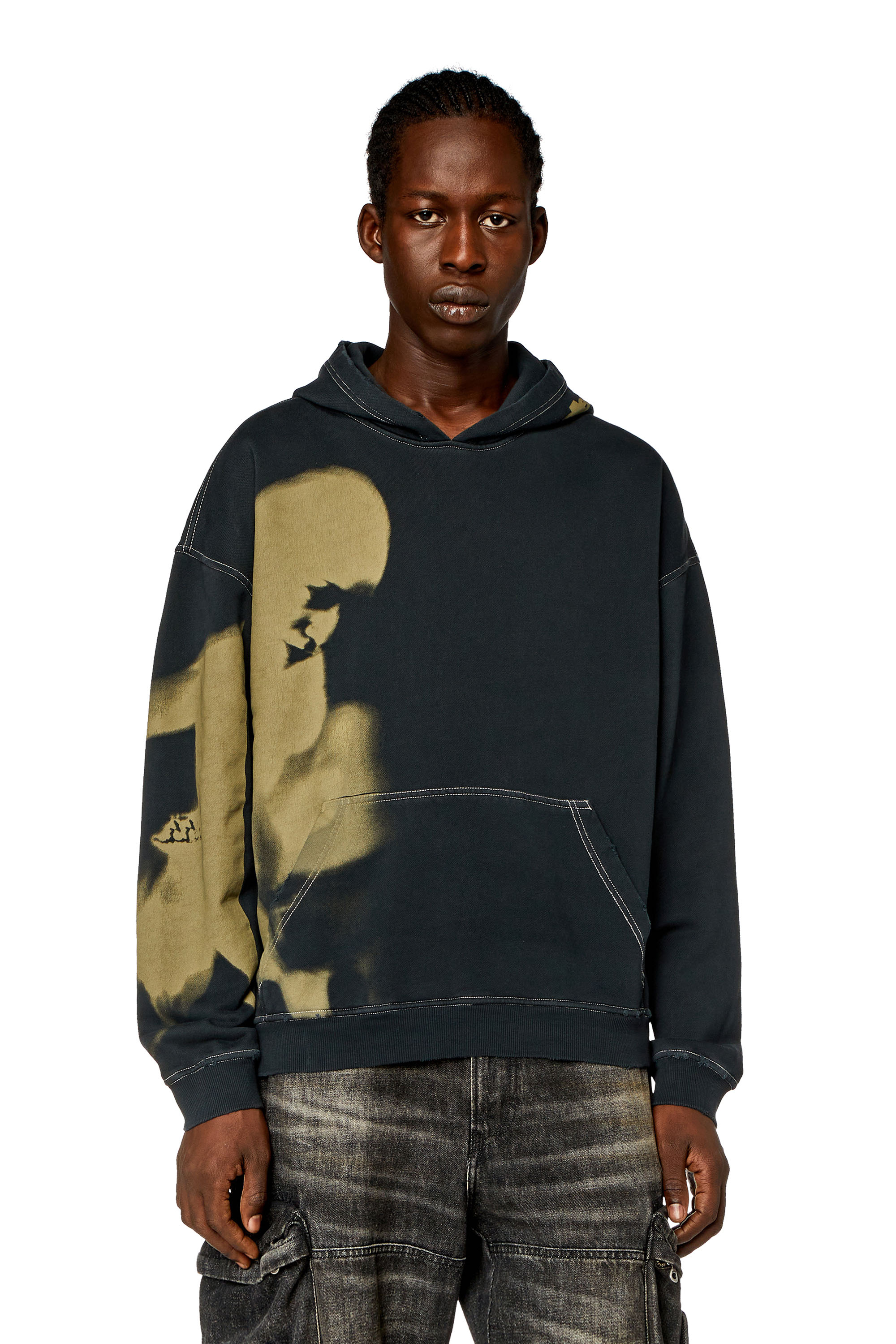 Diesel - S-BOXT-HOOD-N4, Man Distressed hoodie with smudgy print in Black - Image 1