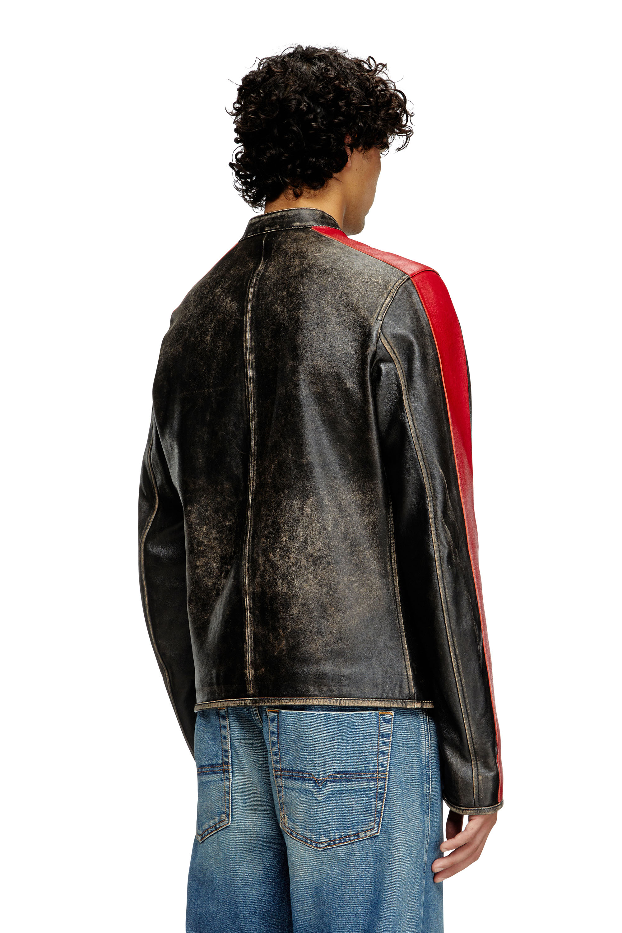 Diesel - L-RENN, Man's Leather jacket with contrasting stripes in Black/Red - 4