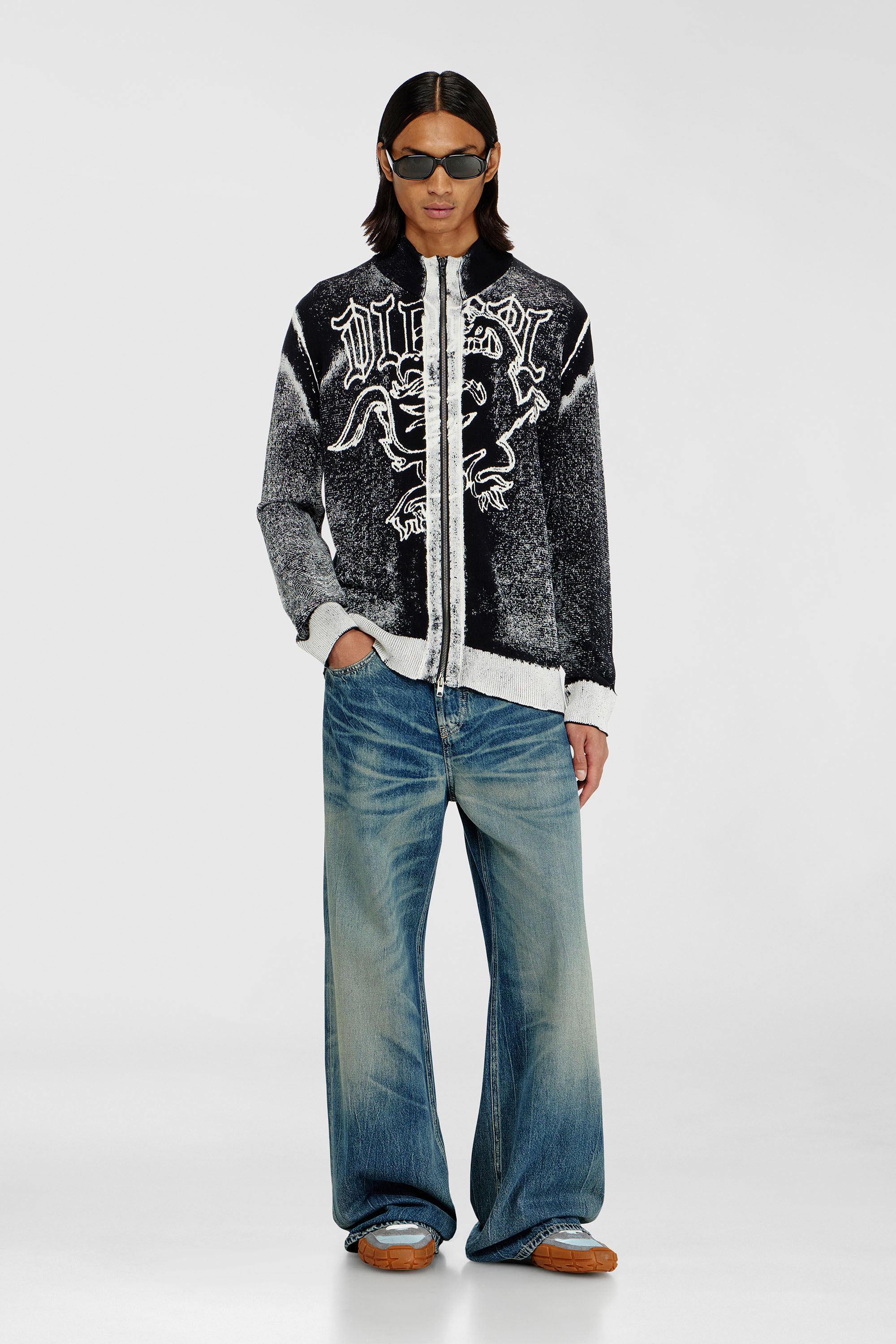 Diesel - K-LAUROS, Man's Treated zip cardigan with griffin motif in Black/White - 2