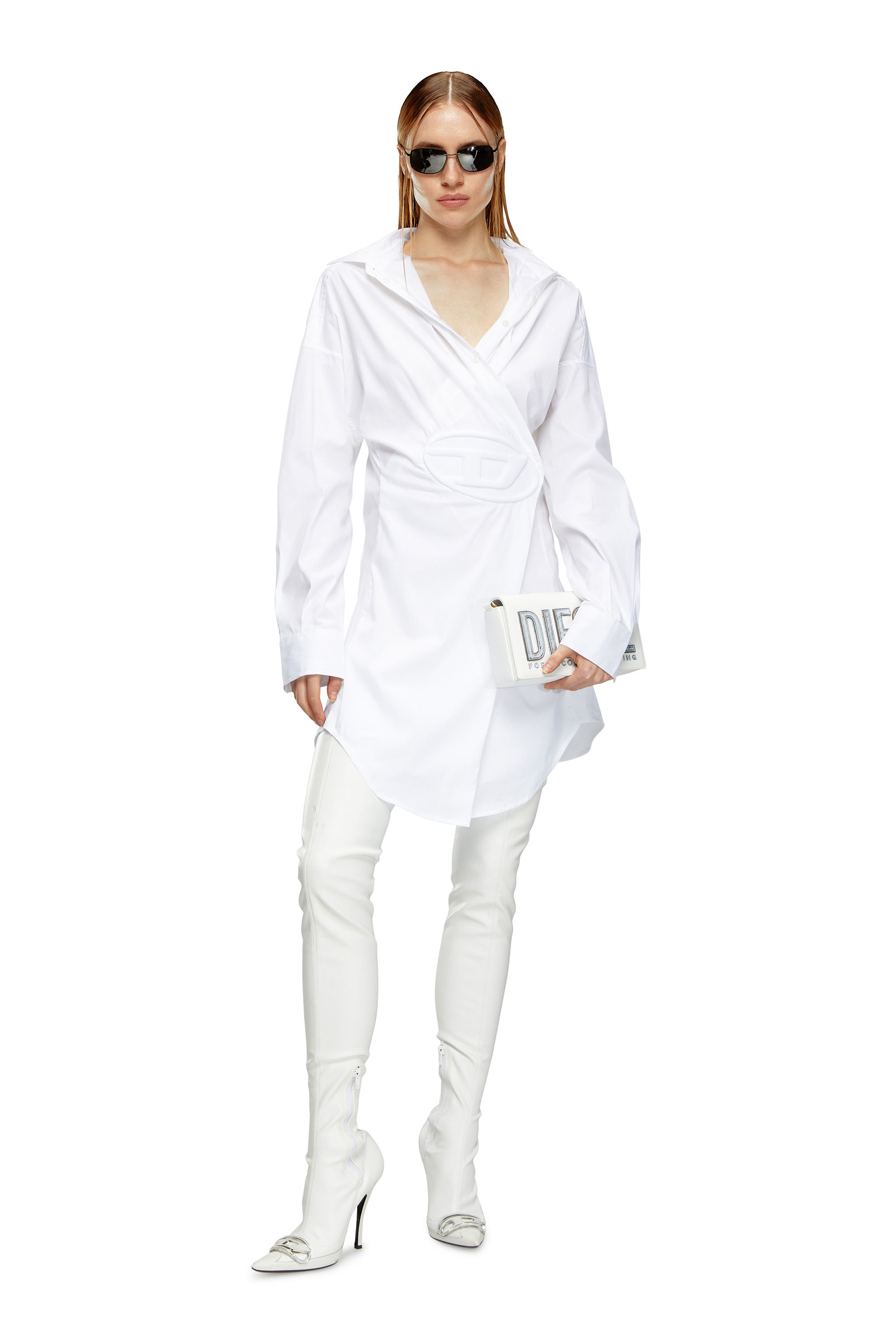Diesel - D-SIZEN-N1, Woman Short shirt dress in stretch poplin in White - Image 1