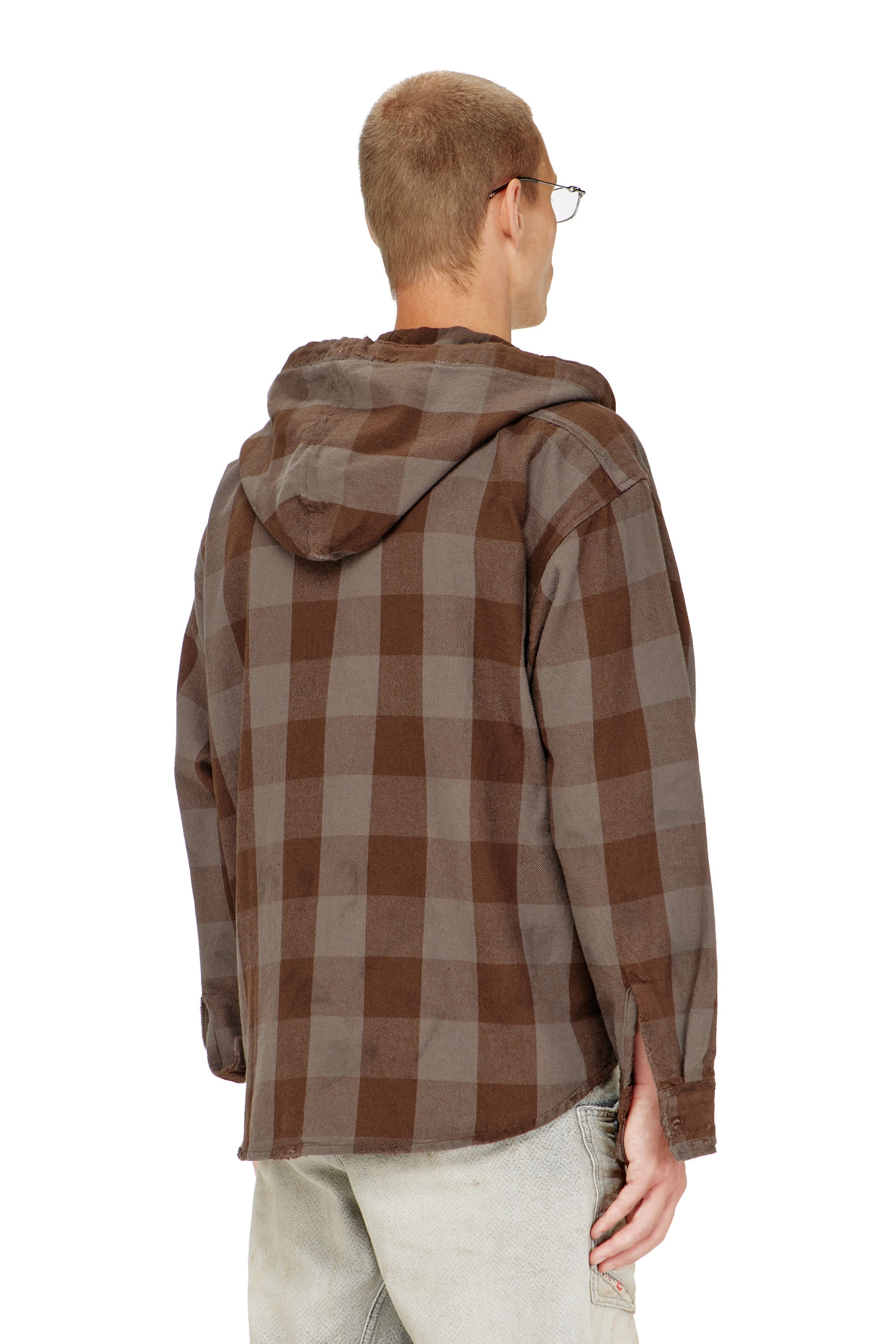 Diesel - S-DRUM-HOODY, Man's Distressed hooded shirt in check flannel in Brown/Grey - 4