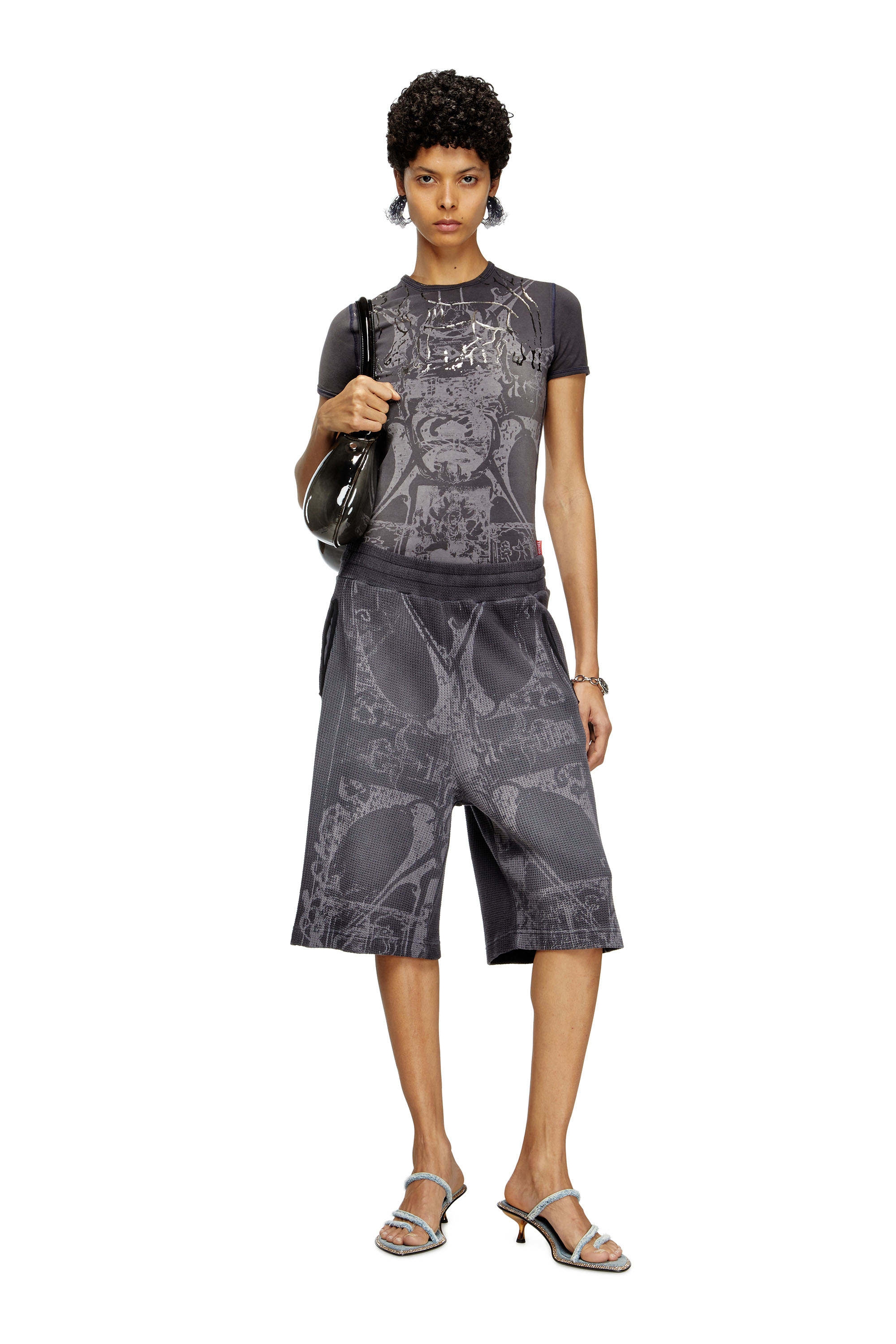 Diesel - T-UNCUTIES-LONG-R6, Woman's T-shirt with foil print in Black - 1