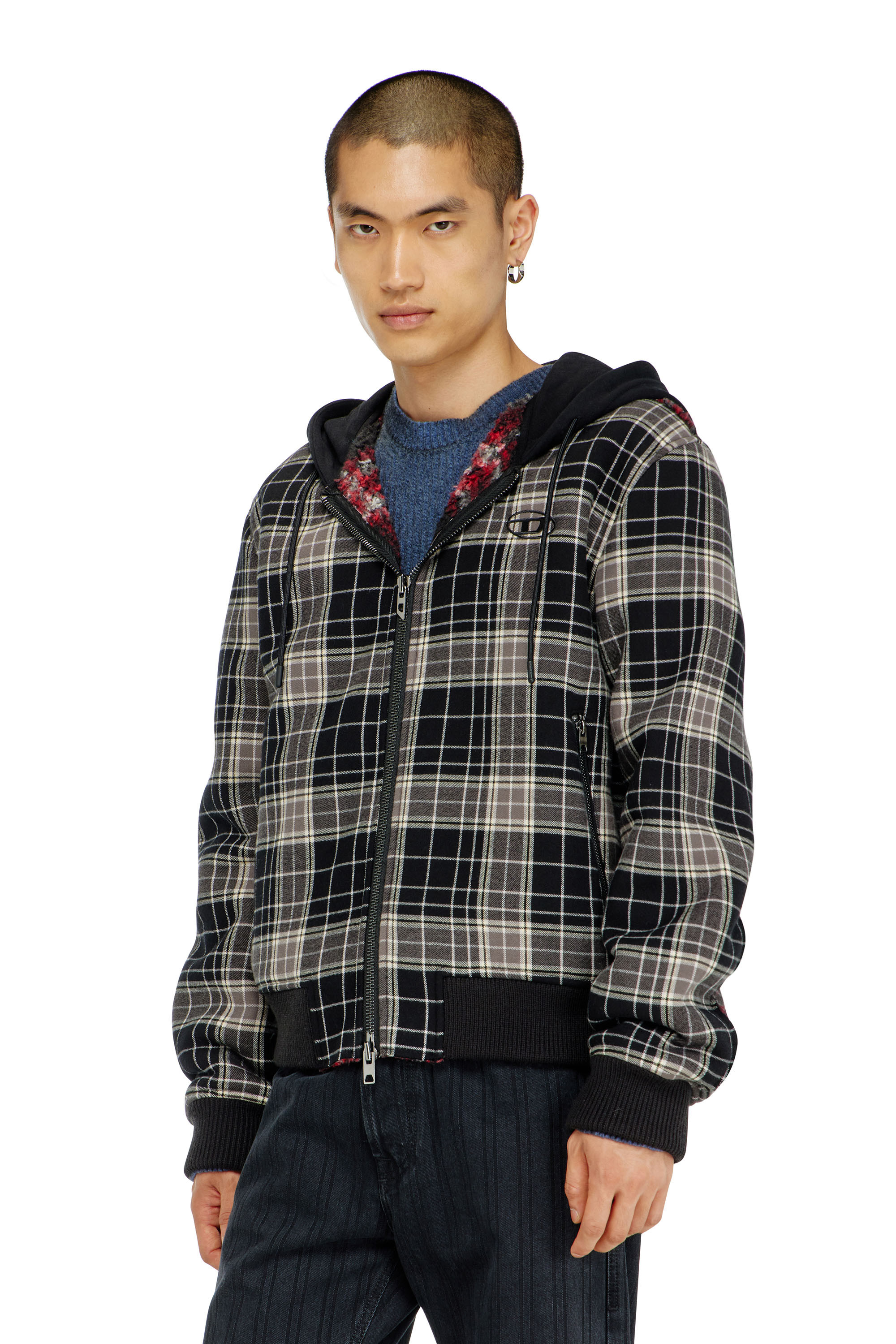 Diesel - W-KUNST, Man's Check-flannel bomber jacket with teddy interior in Grey/Black - 1