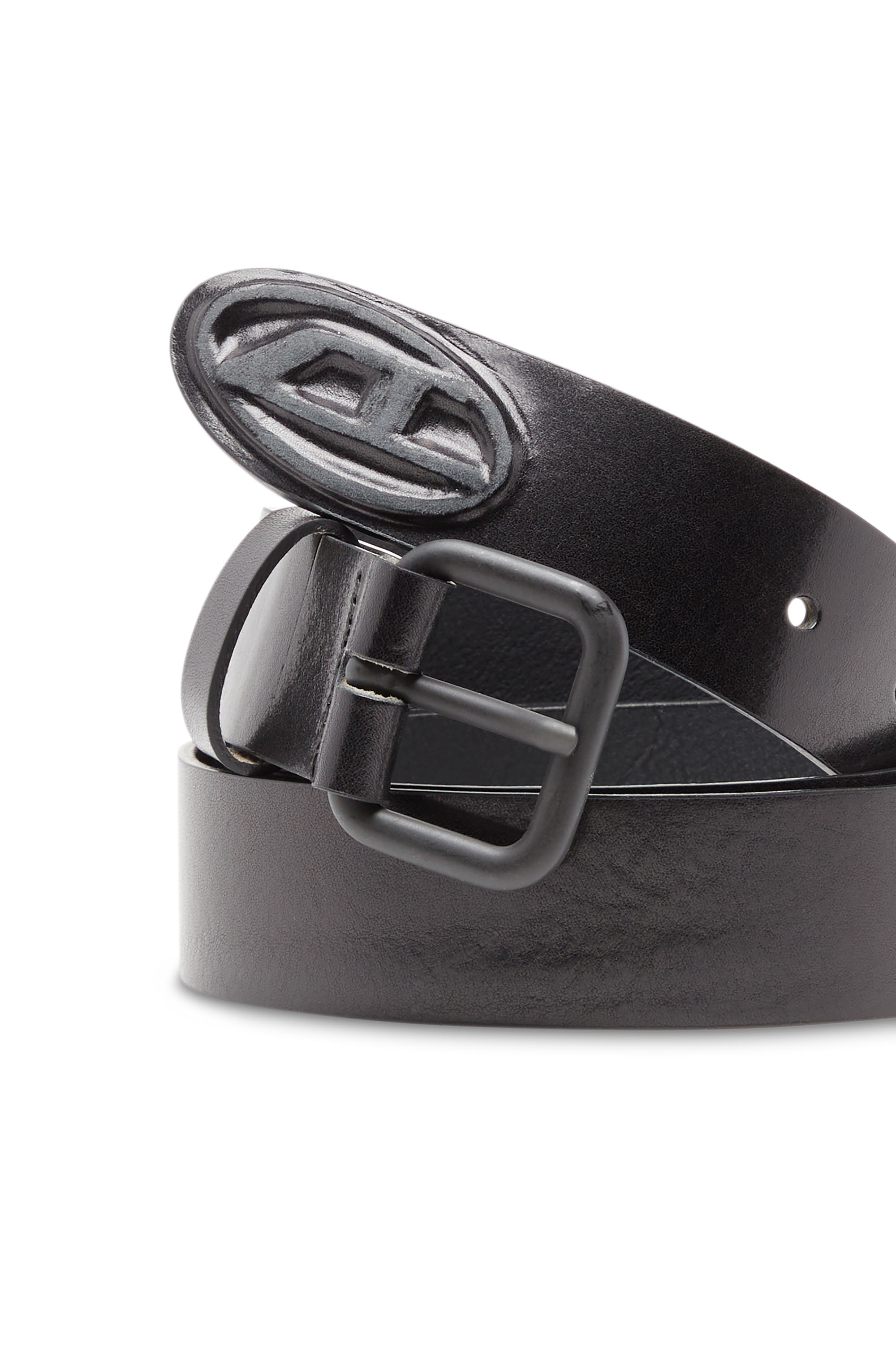 Diesel - B-1DR SCRATCH END, Man Leather belt with metal logo insert in Black - Image 3