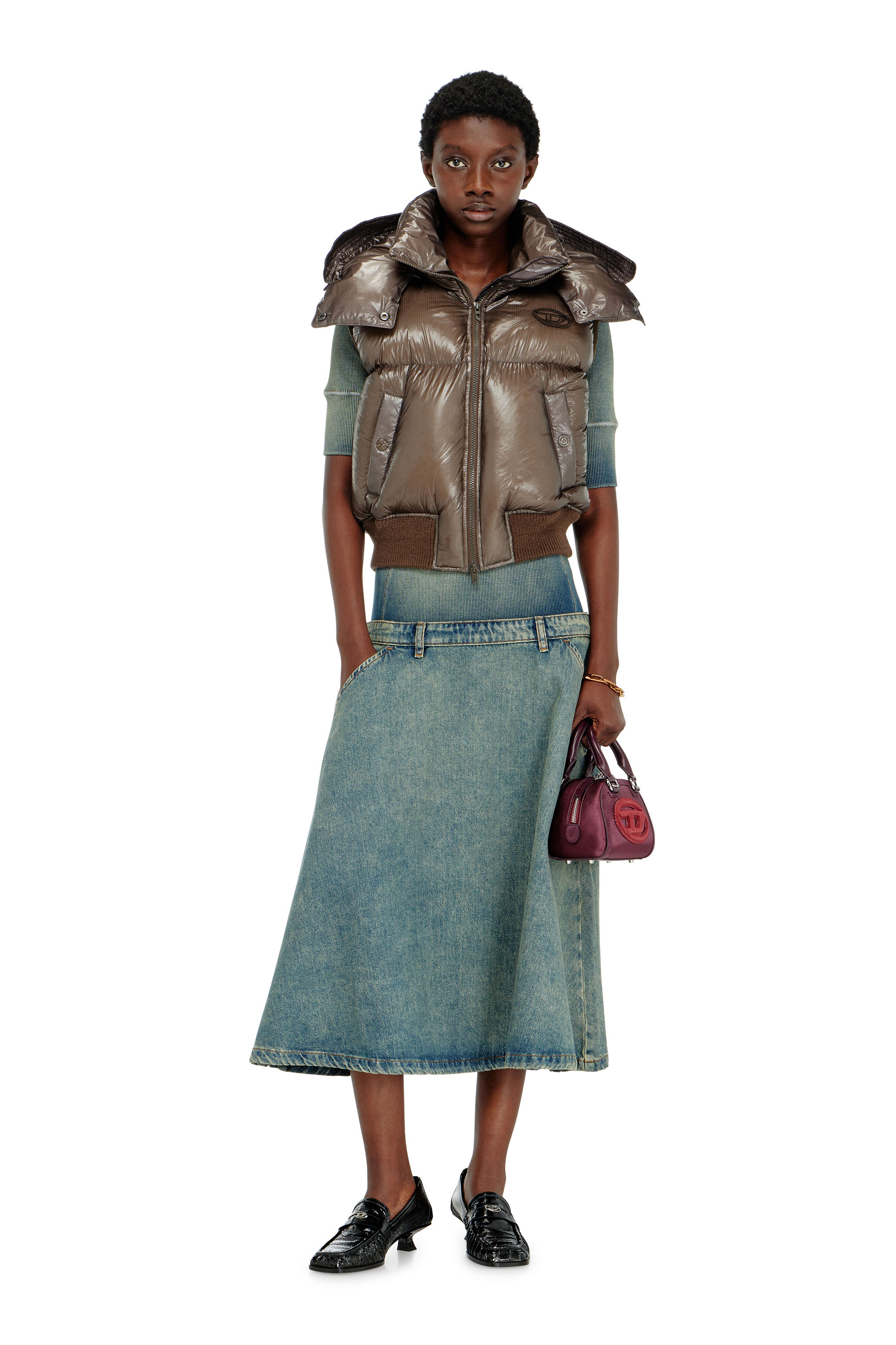 Diesel - W-PEYT-SSL-NEW-T1, Woman's Down vest in ripstop with detachable hood in Brown - 2