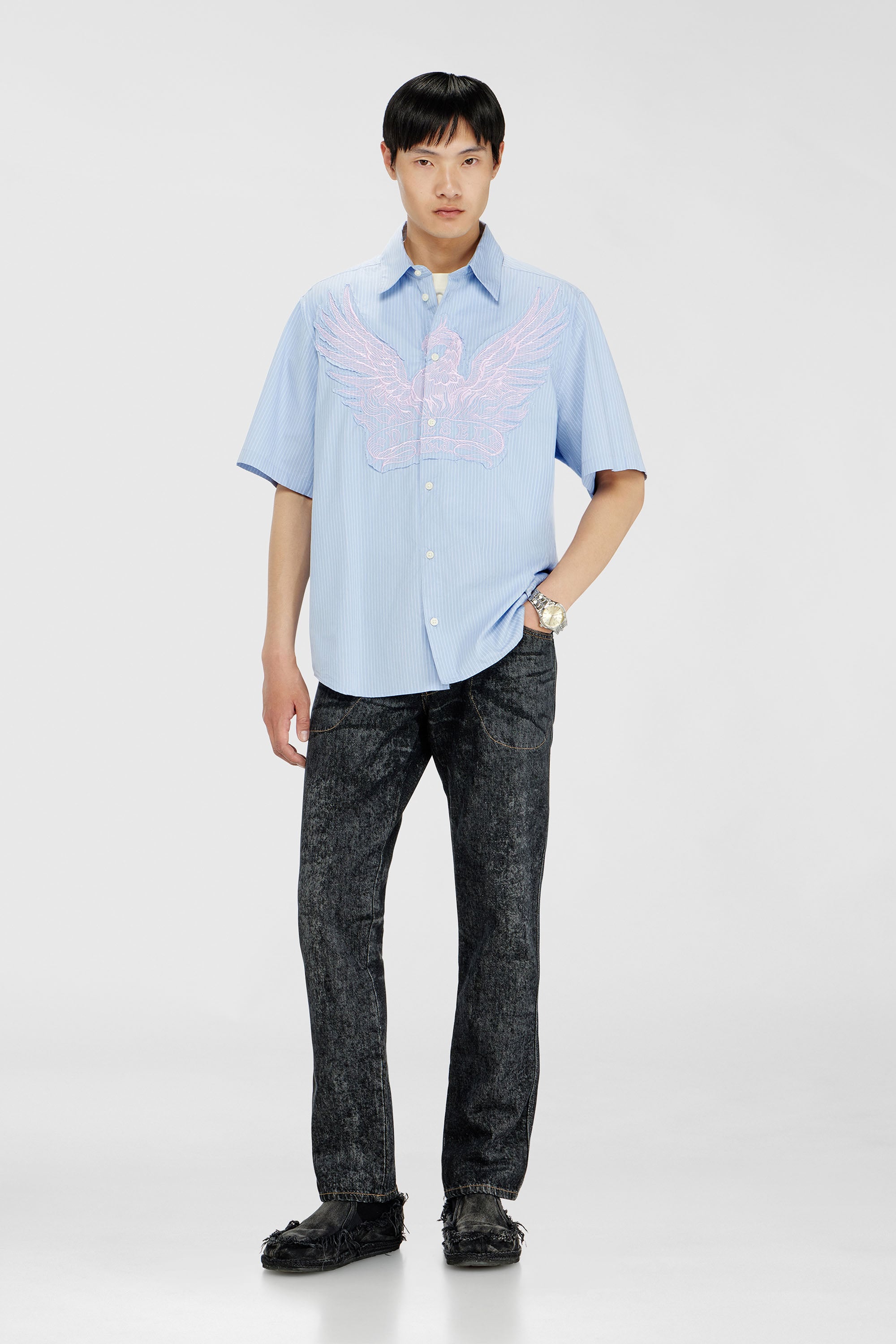 Diesel - S-SIMPLY-SS-AGCZ, Man's Striped poplin shirt with embroidered patch in Light Blue - 2