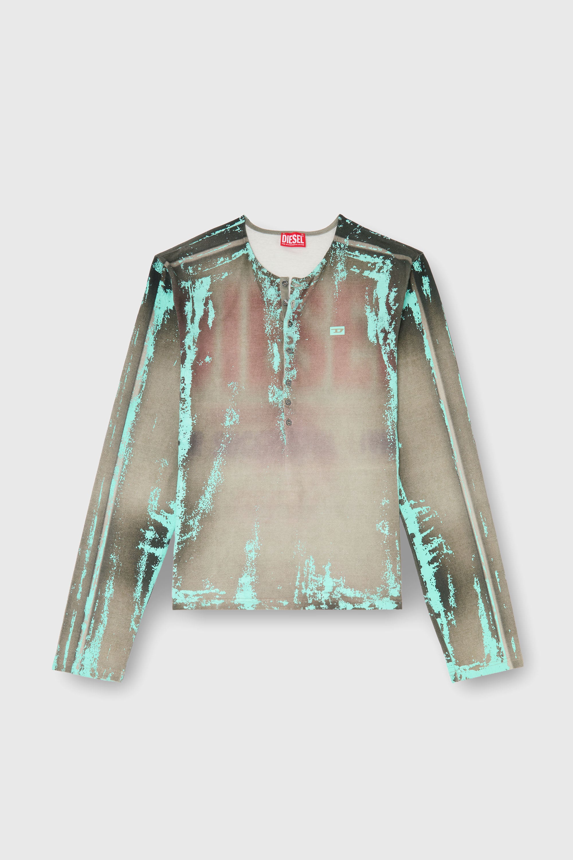 Diesel - T-FYNO-ML, Man's Grandad T-shirt in cracked leather-effect jersey in Grey/Blue - 2