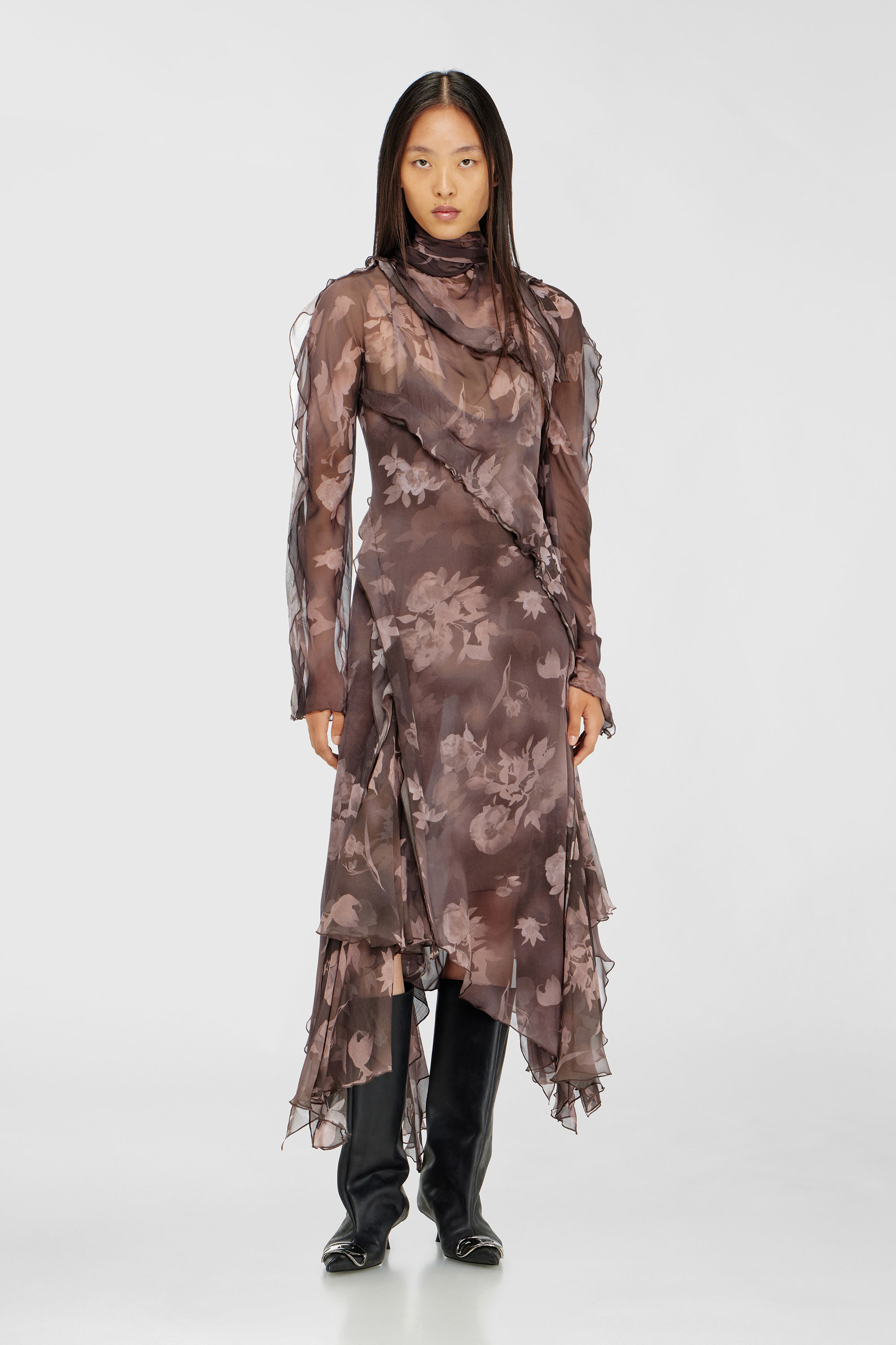 Diesel - D-RIADI, Woman's Asymmetric midi dress in chiffon and silk-crepe in Brown - 1