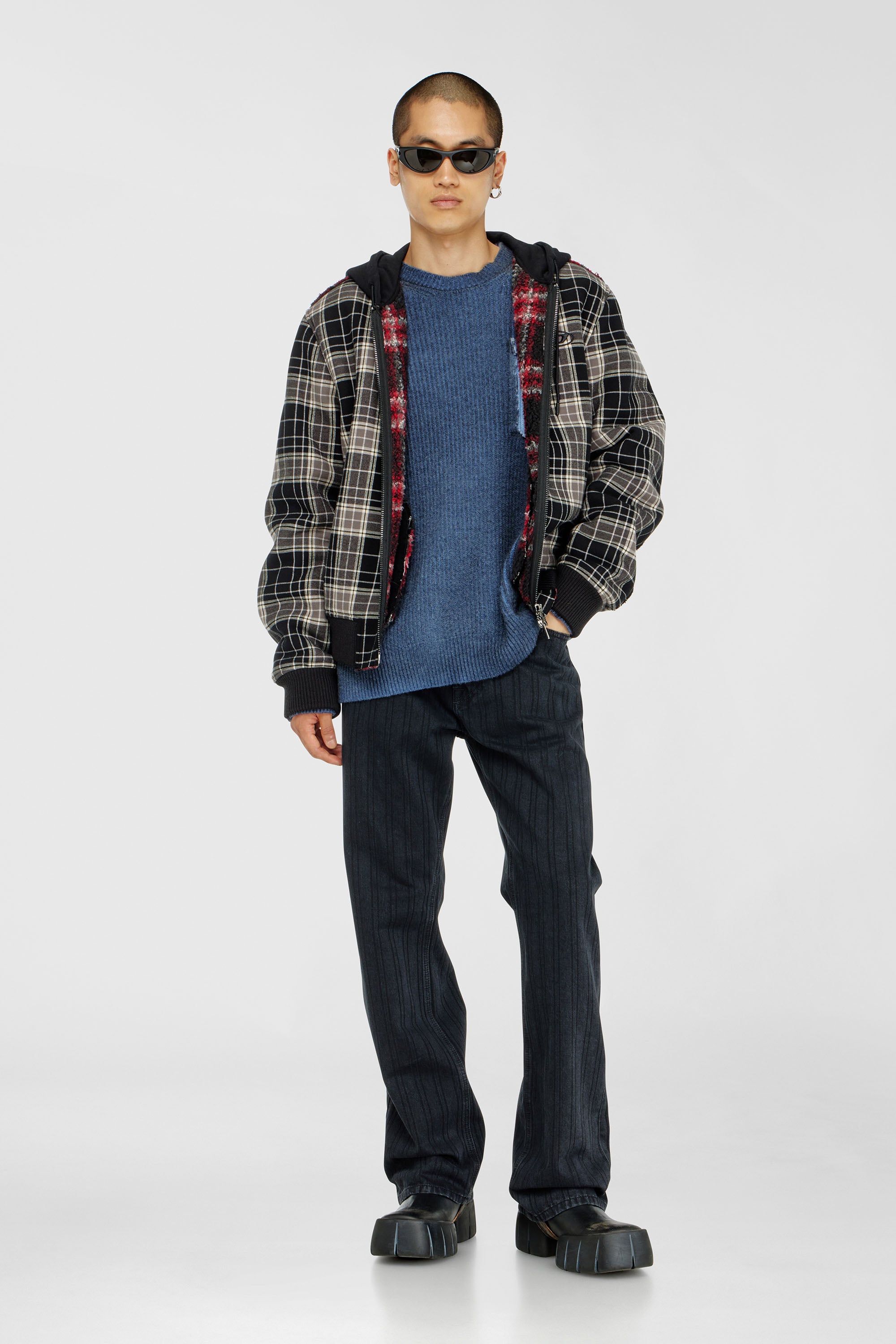 Diesel - W-KUNST, Man's Check-flannel bomber jacket with teddy interior in Grey/Black - 2