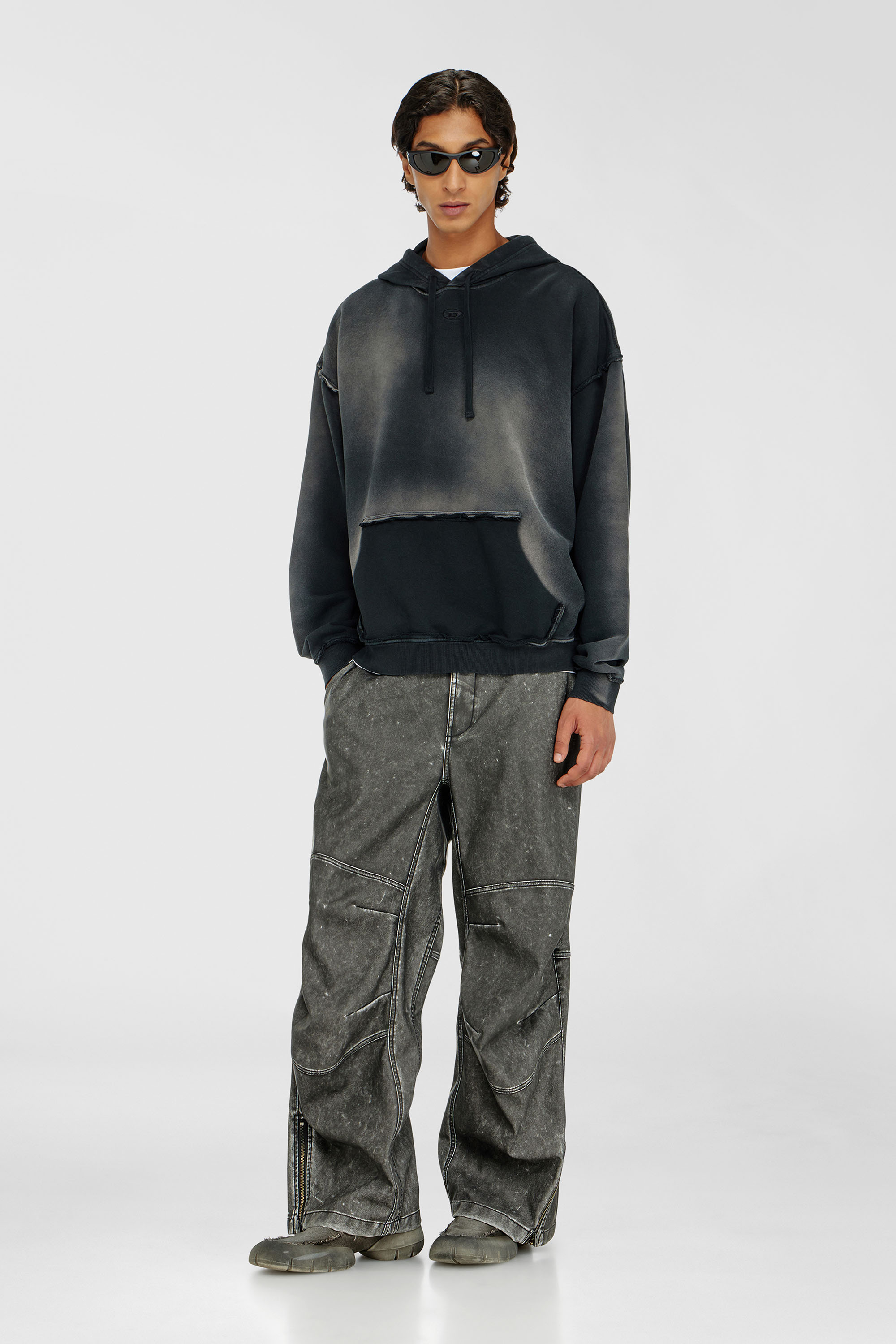 Diesel - S-POCK-HOOD, Man's Faded cotton hoodie with frayed details in Black/Grey - 2
