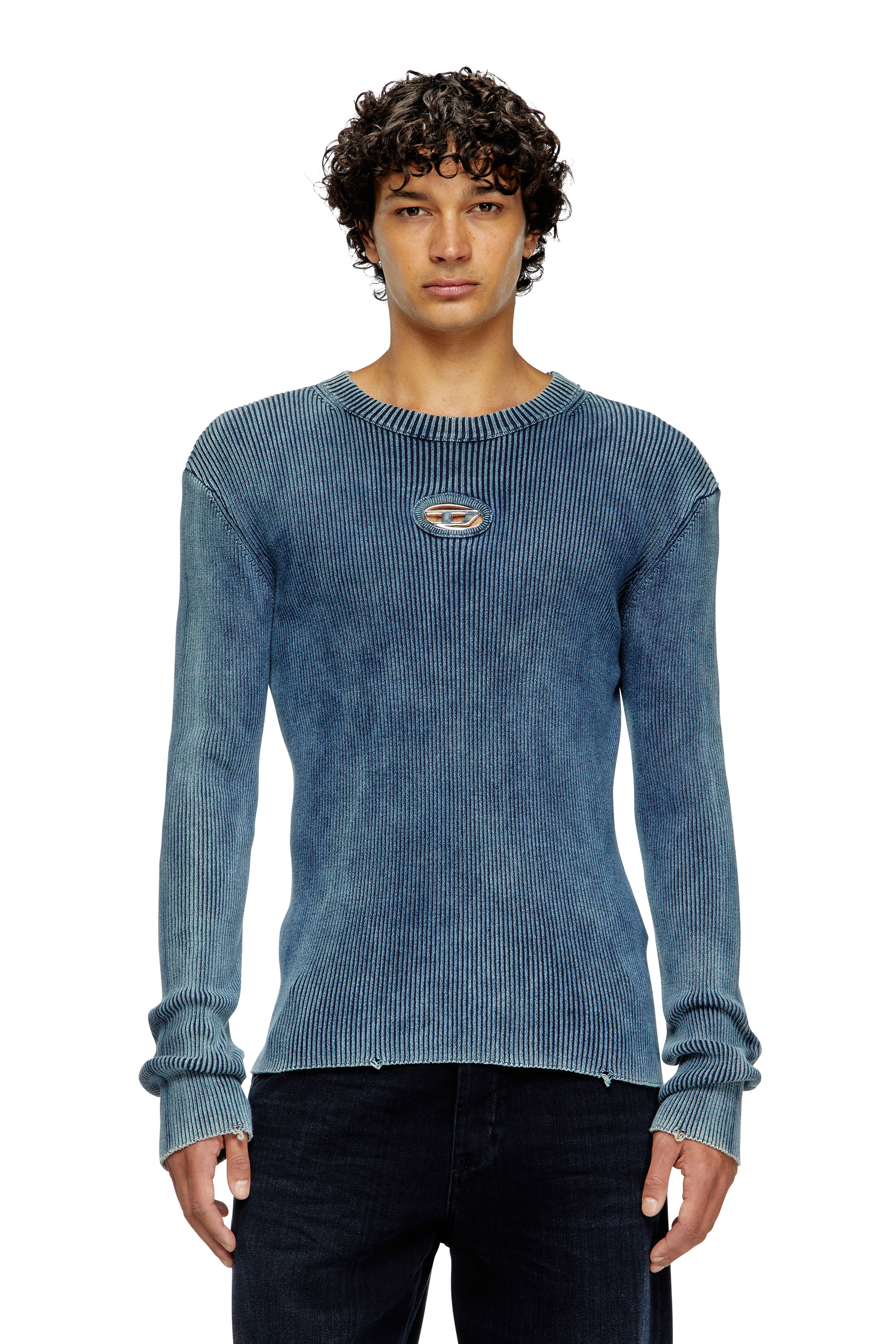 Diesel - K-DARIN-D, Man's Distressed jumper with cut-out logo in Blue - 3