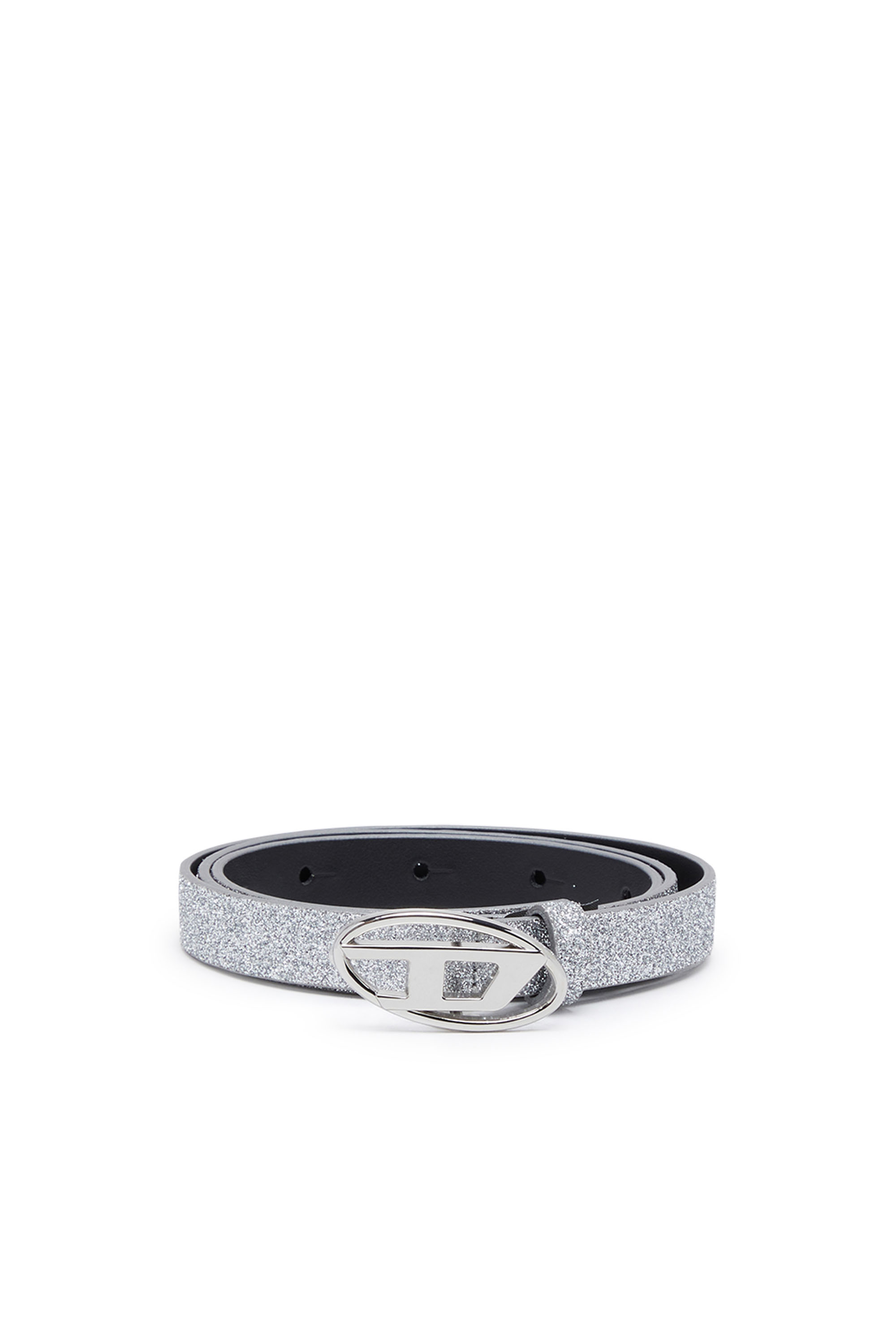 Diesel - B-1DR 15, Woman Slim glittery belt with Oval D buckle in Silver - Image 1