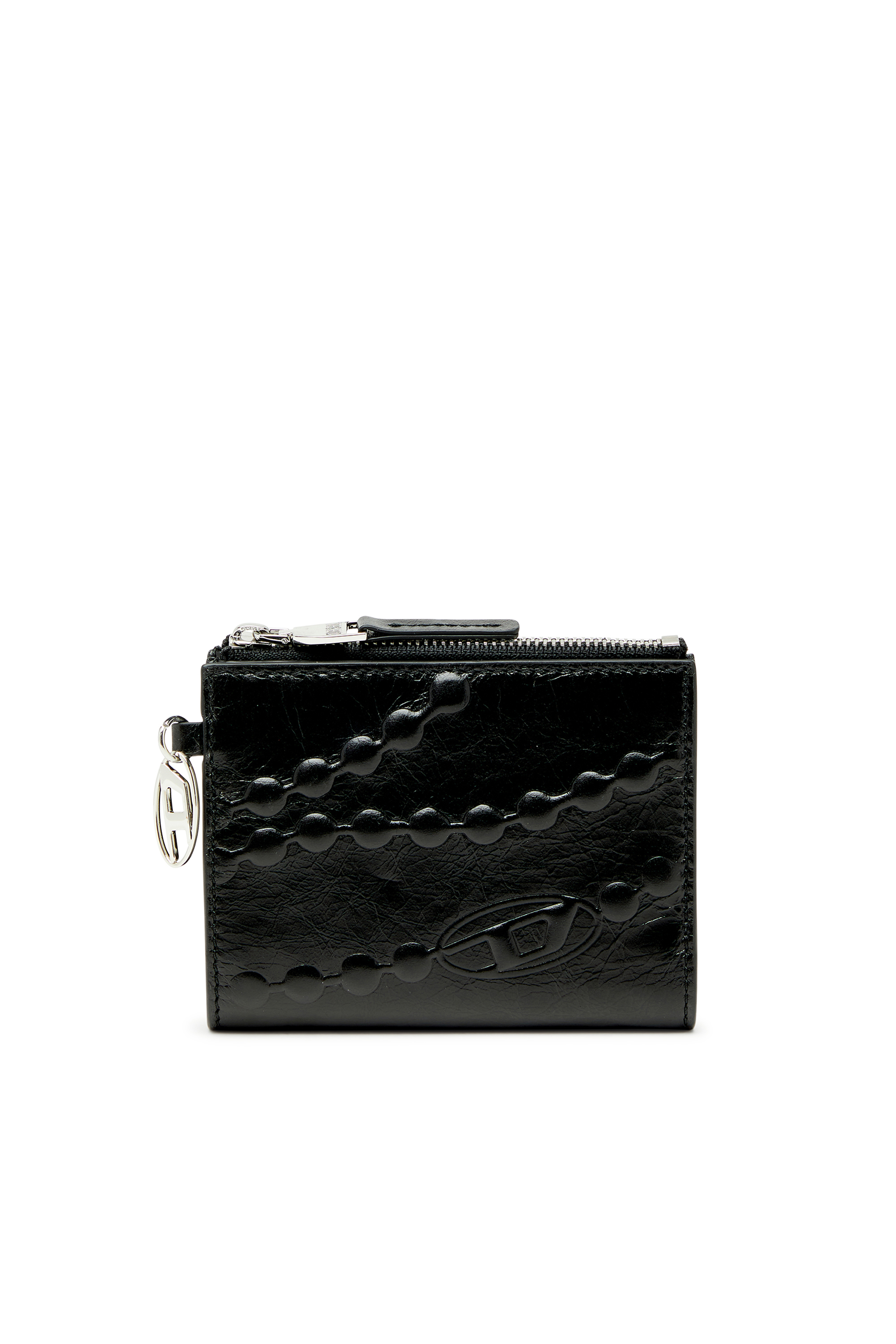 Diesel - OVAL-D BI FOLD ZIP II, Woman's Leather bi-fold wallet with embossed chain motif in Black - 1