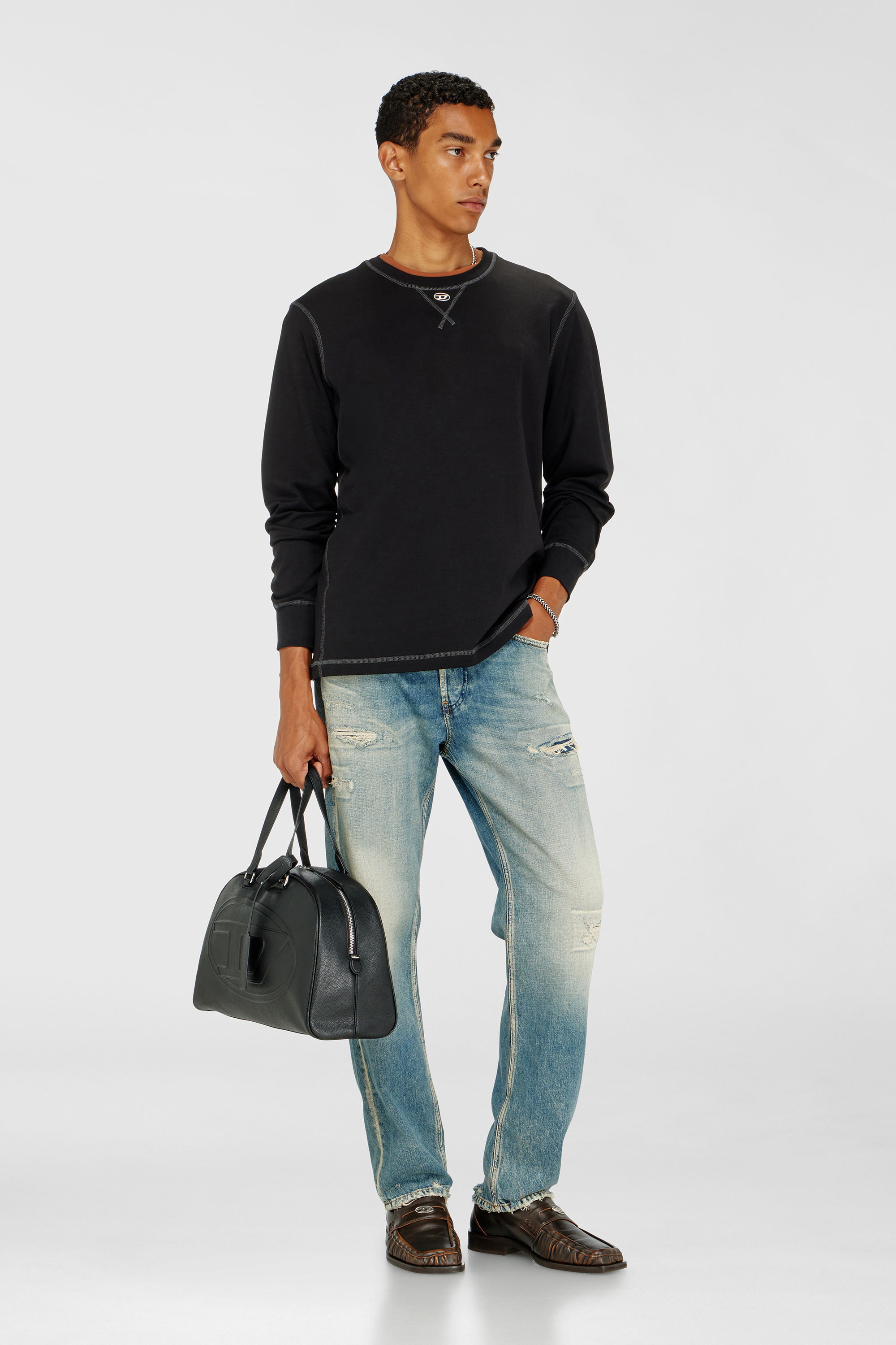 Diesel - T-MADJUST-LS-TR, Man's Cotton long-sleeve T-shirt with Oval D in Dark grey - 2