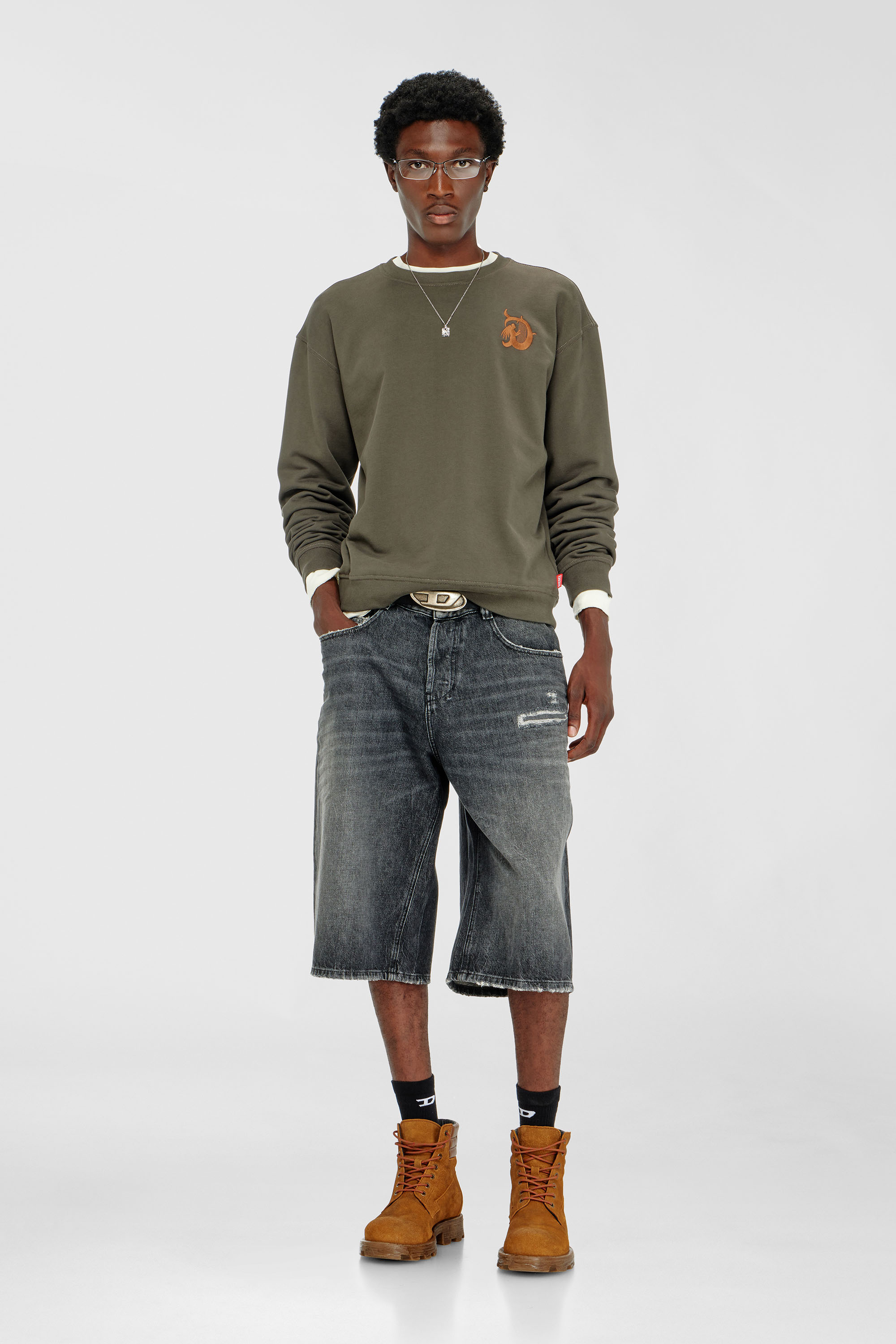 Diesel - S-NORM-AA4, Man's Sweatshirt with embroidery and flock print in Military Green - 2