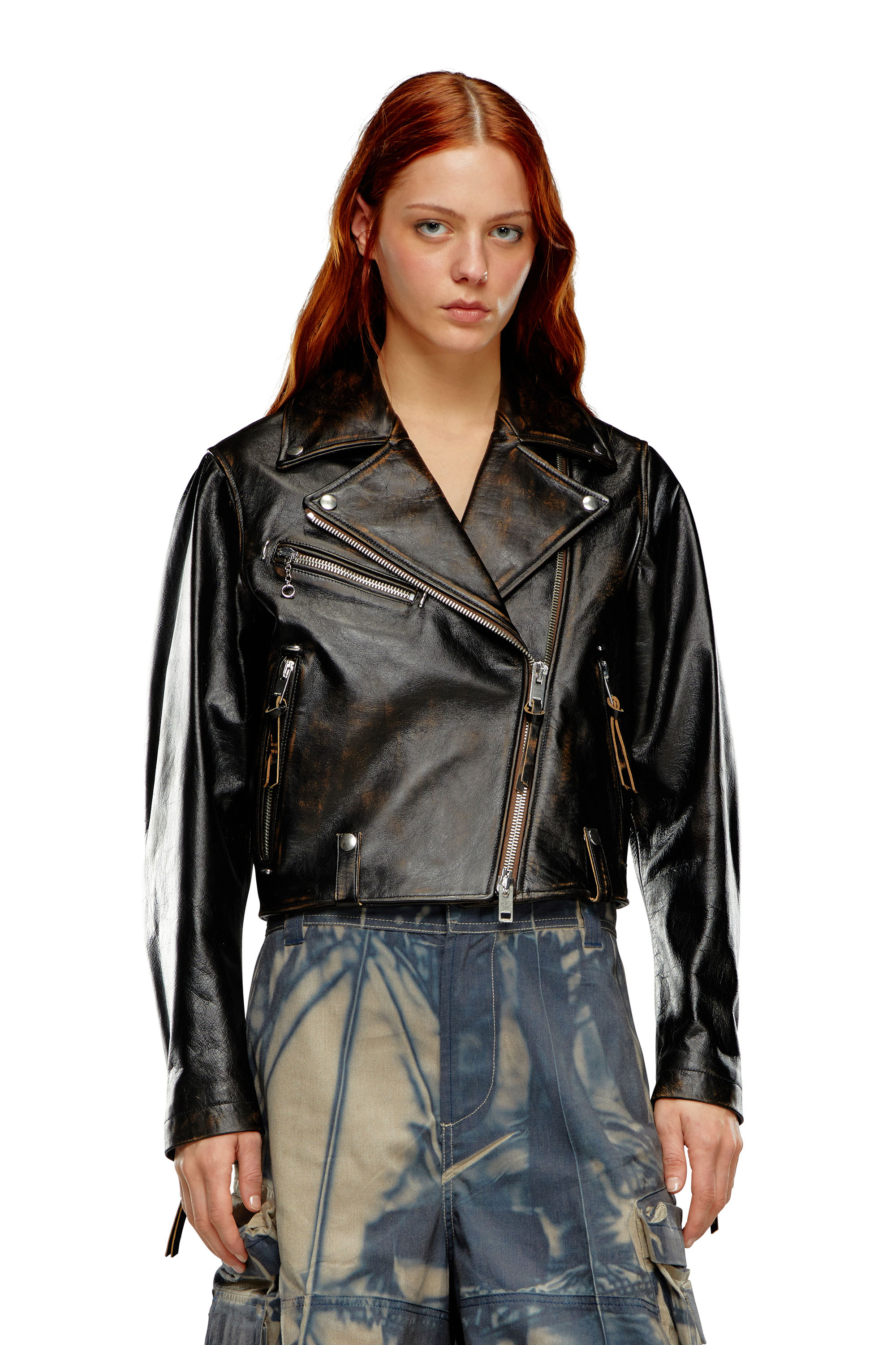 Diesel - L-EDMEA-CL, Woman Biker jacket in treated leather in Black - Image 6