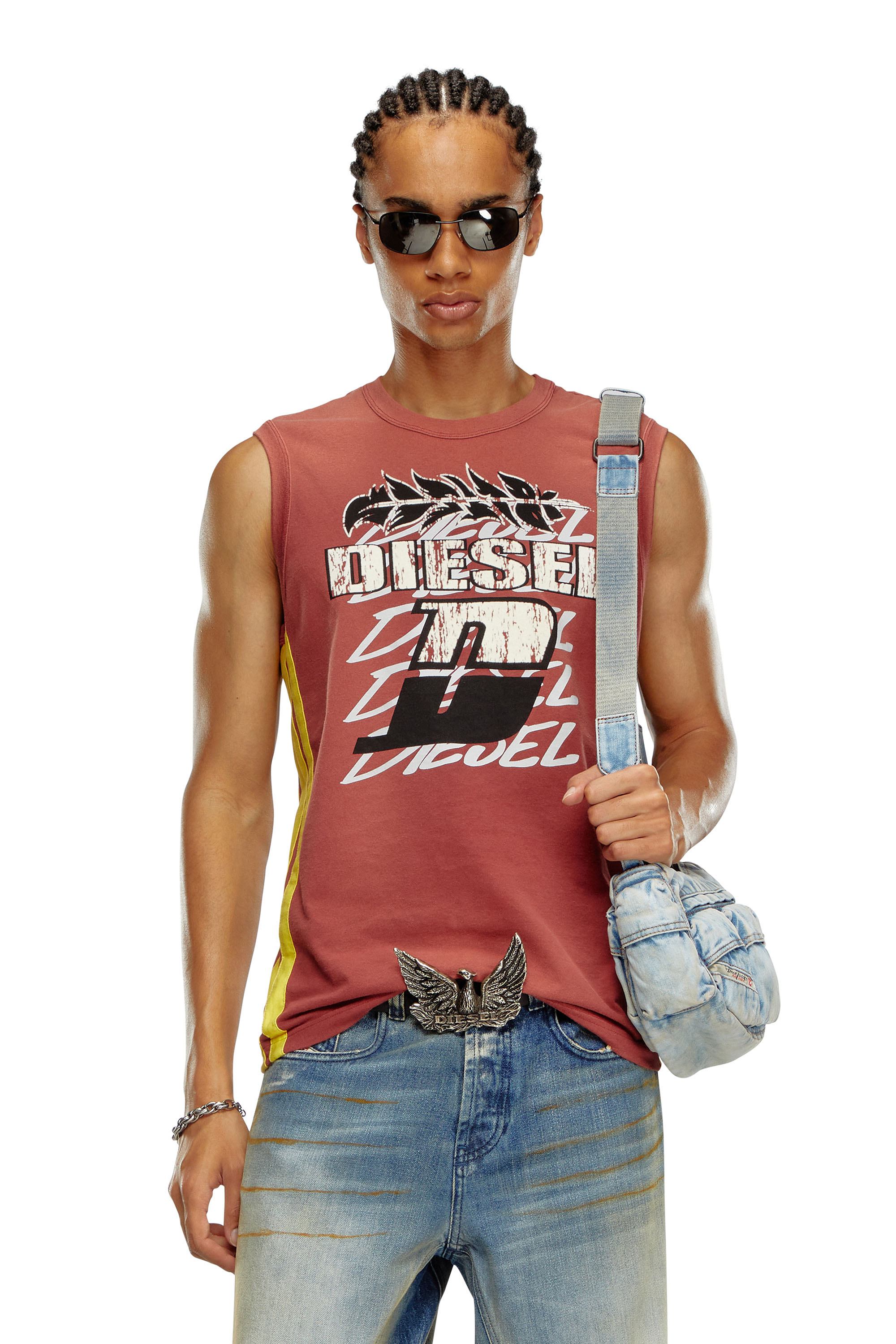 Diesel - T-BISCO-STRIPE, Man Sun-faded tank top with side bands in Red - Image 1