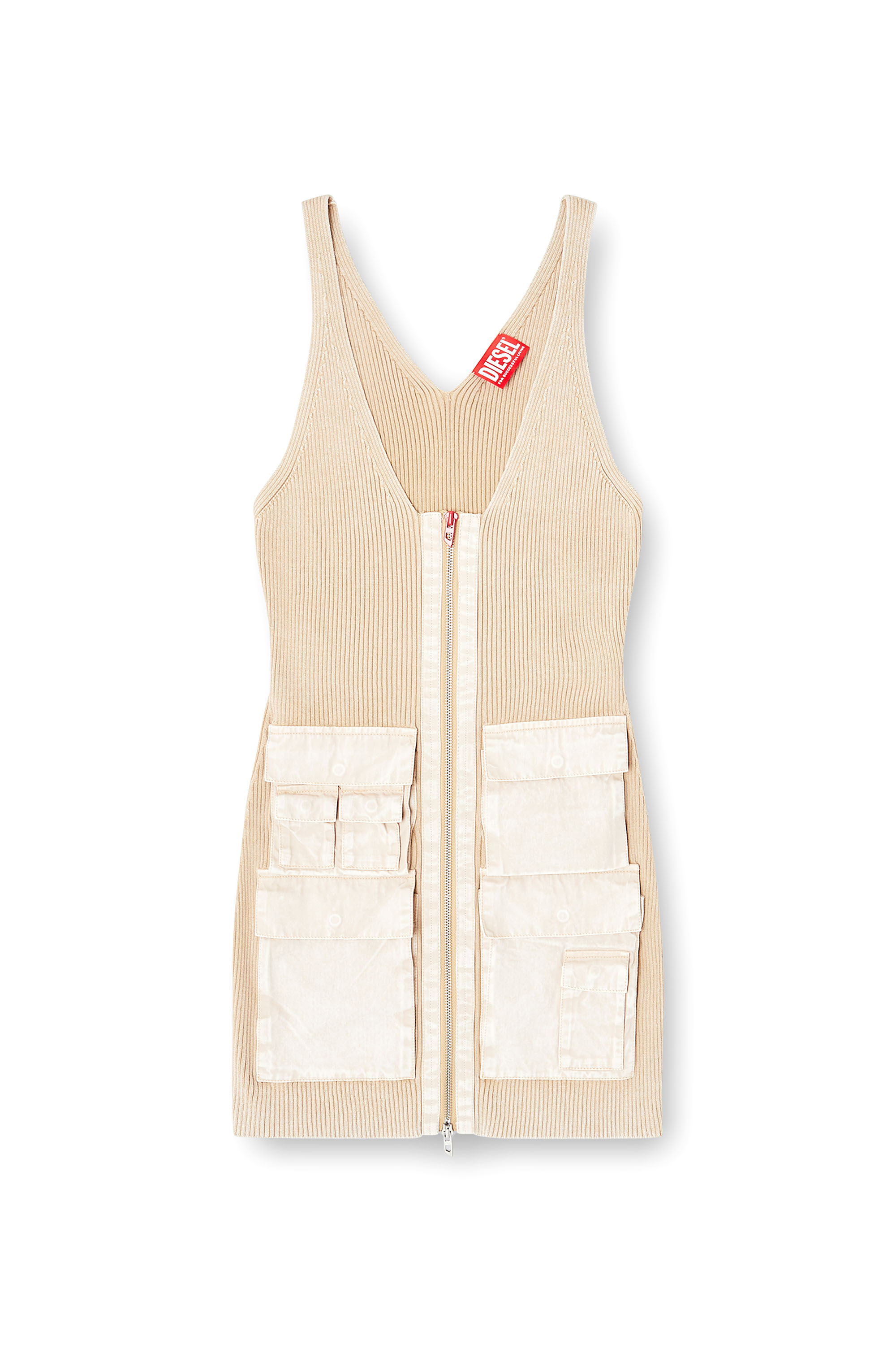 Diesel - M-GABRIELLE, Woman's Rib-knit short dress with cargo pockets in Beige - 1
